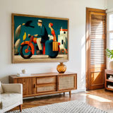A modern painting of a couple on a motorbike with a cat and birds – perfect for canvas print decor