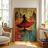 Abstract painting of a woman in a flowing red dress against a textured golden city backdrop