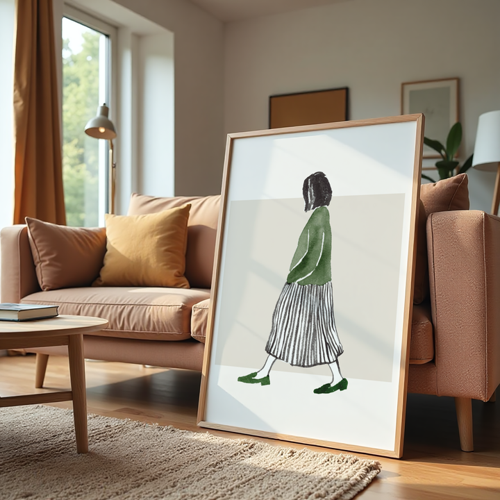 Minimalist watercolor painting of a woman walking in green and black outfit