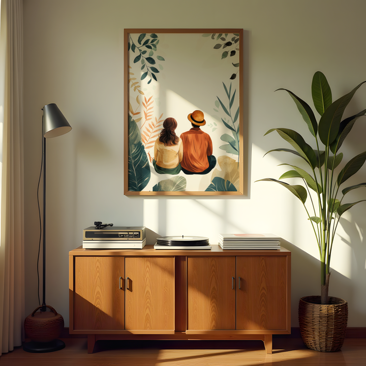 Couple in nature illustration painting for romantic bedroom décor
