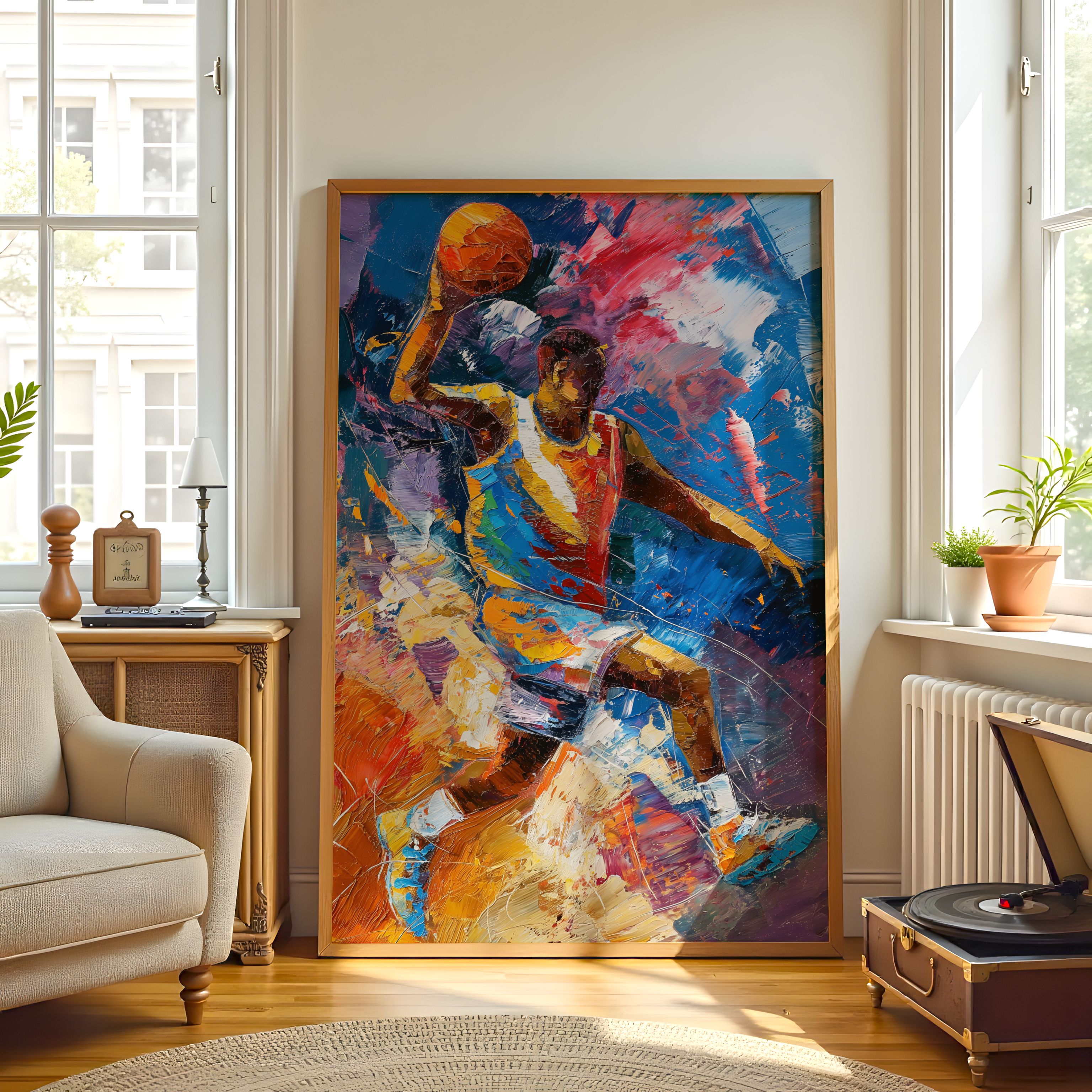 Skybound Shot: Abstract Basketball Player Canvas Wall Art