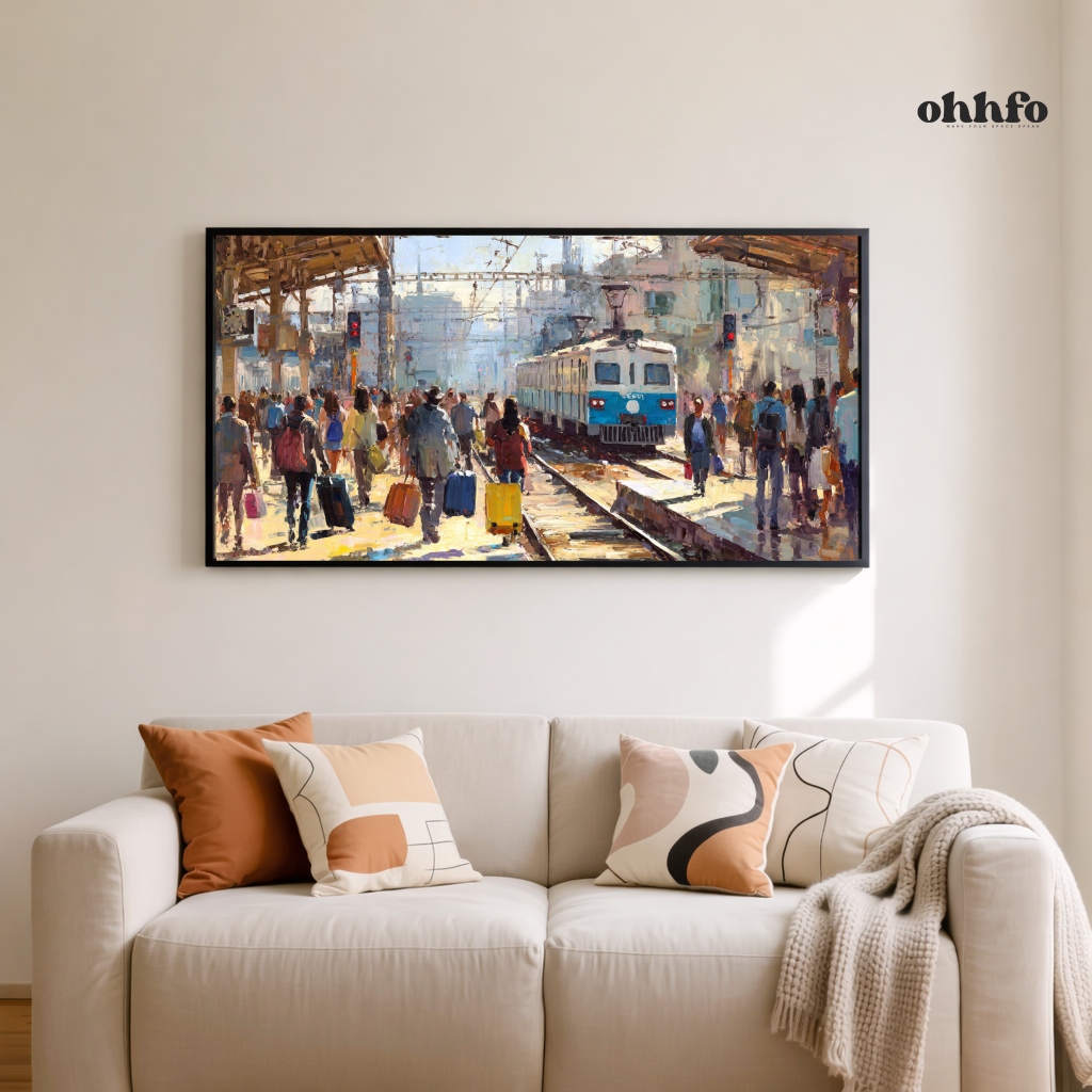 Abstract Railway Station Wall Art – Busy Train Platform Painting with Travelers