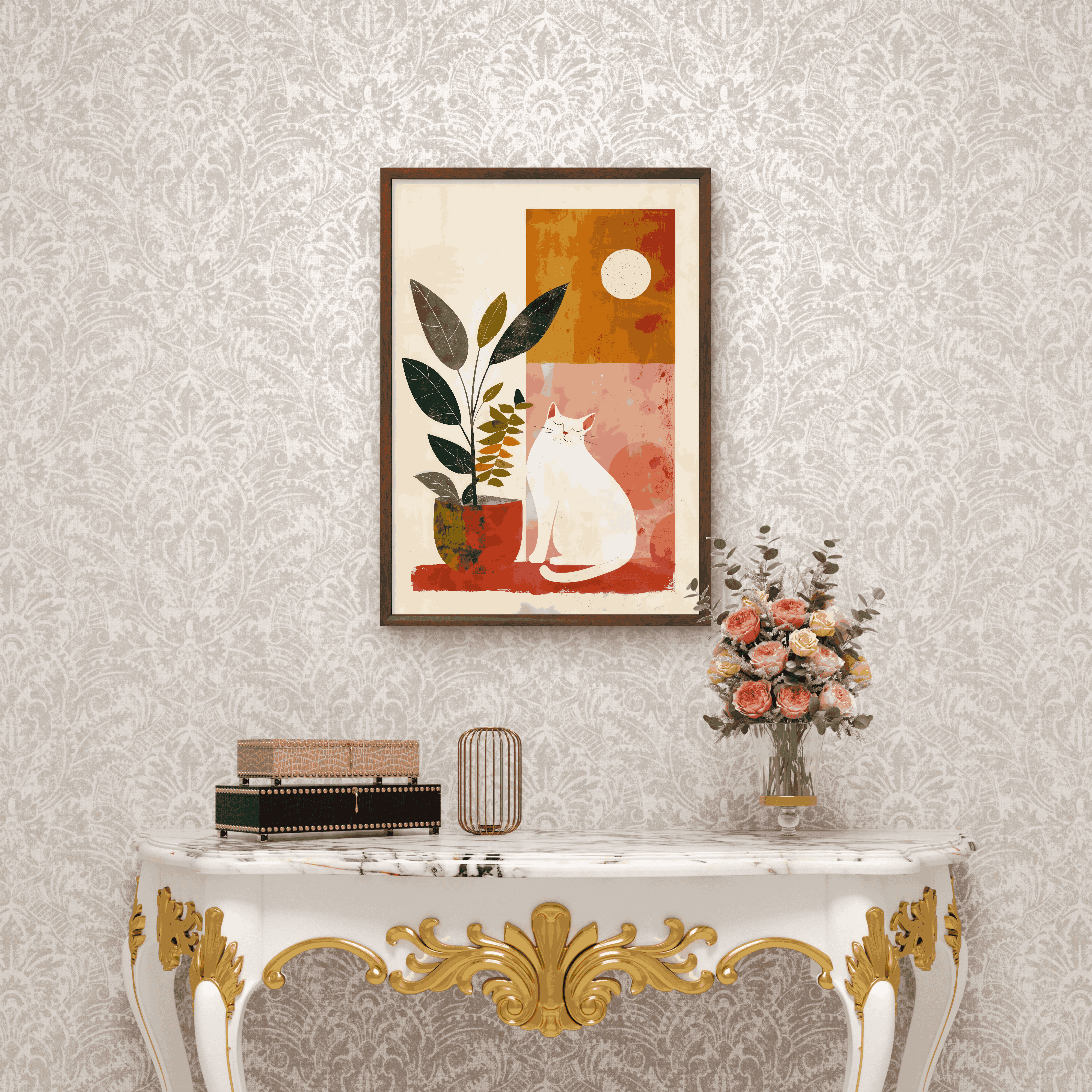 Botanical Bliss – Minimal Cat Art with Plant and Sun