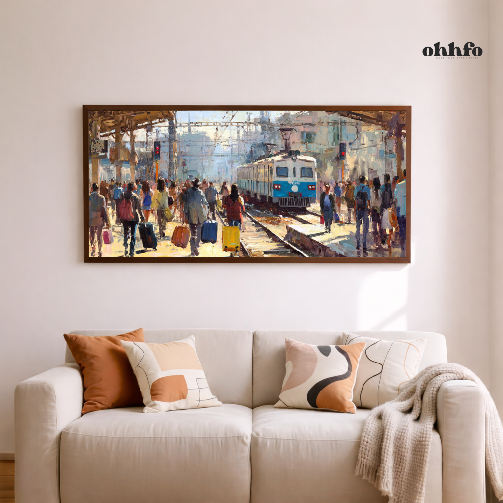 Abstract Railway Station Wall Art – Busy Train Platform Painting with Travelers