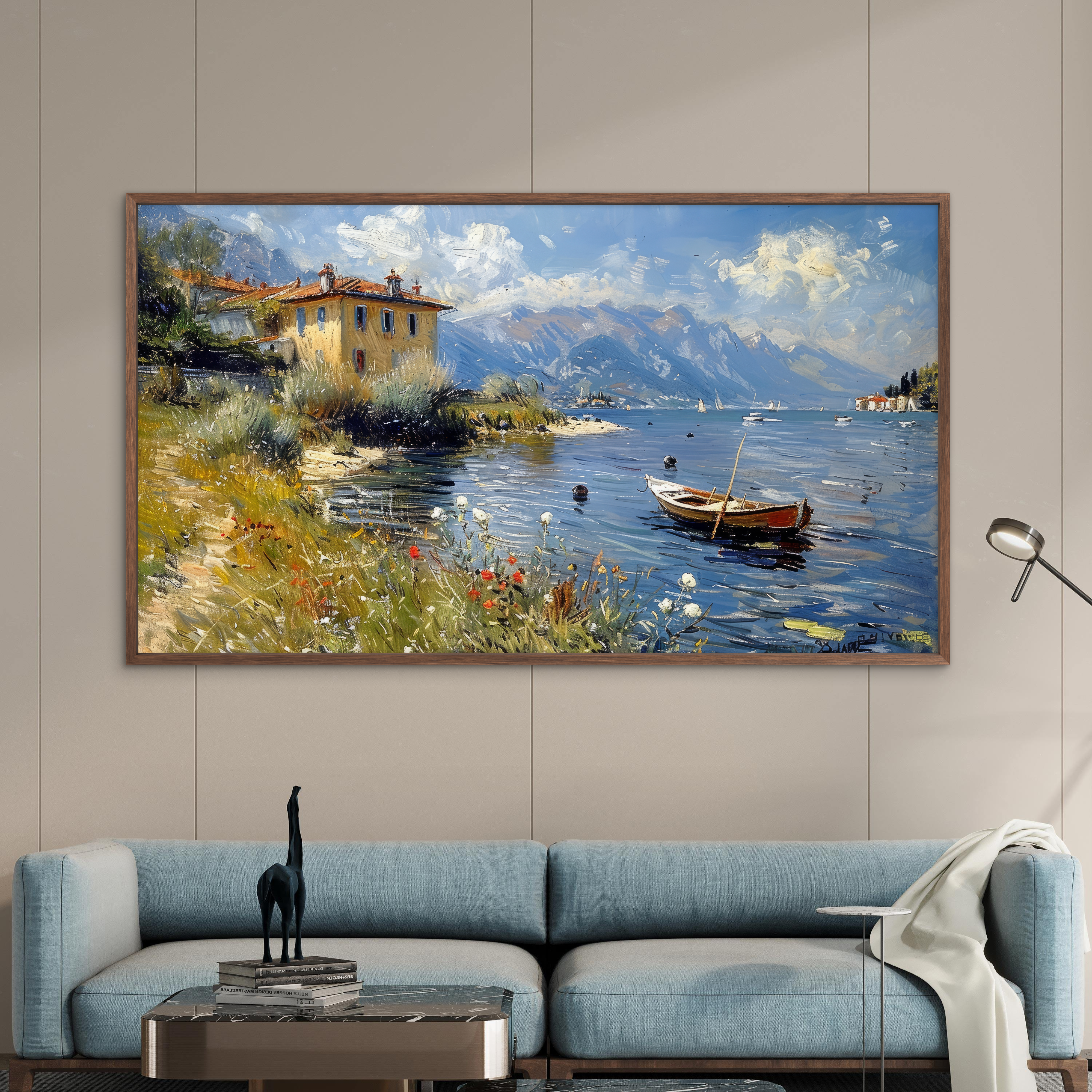 Lakeside Wall Art with Boat & House – Nature-Inspired Canvas Print
