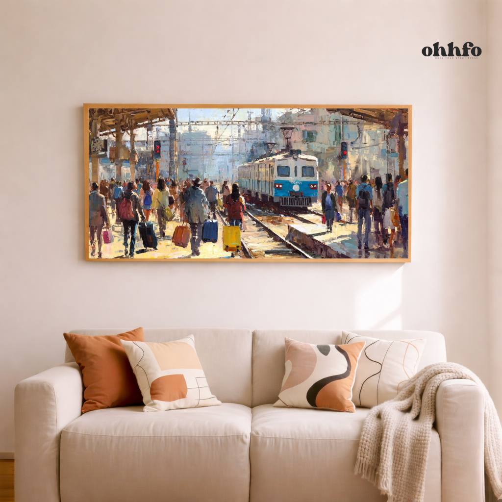 Abstract Railway Station Wall Art – Busy Train Platform Painting with Travelers