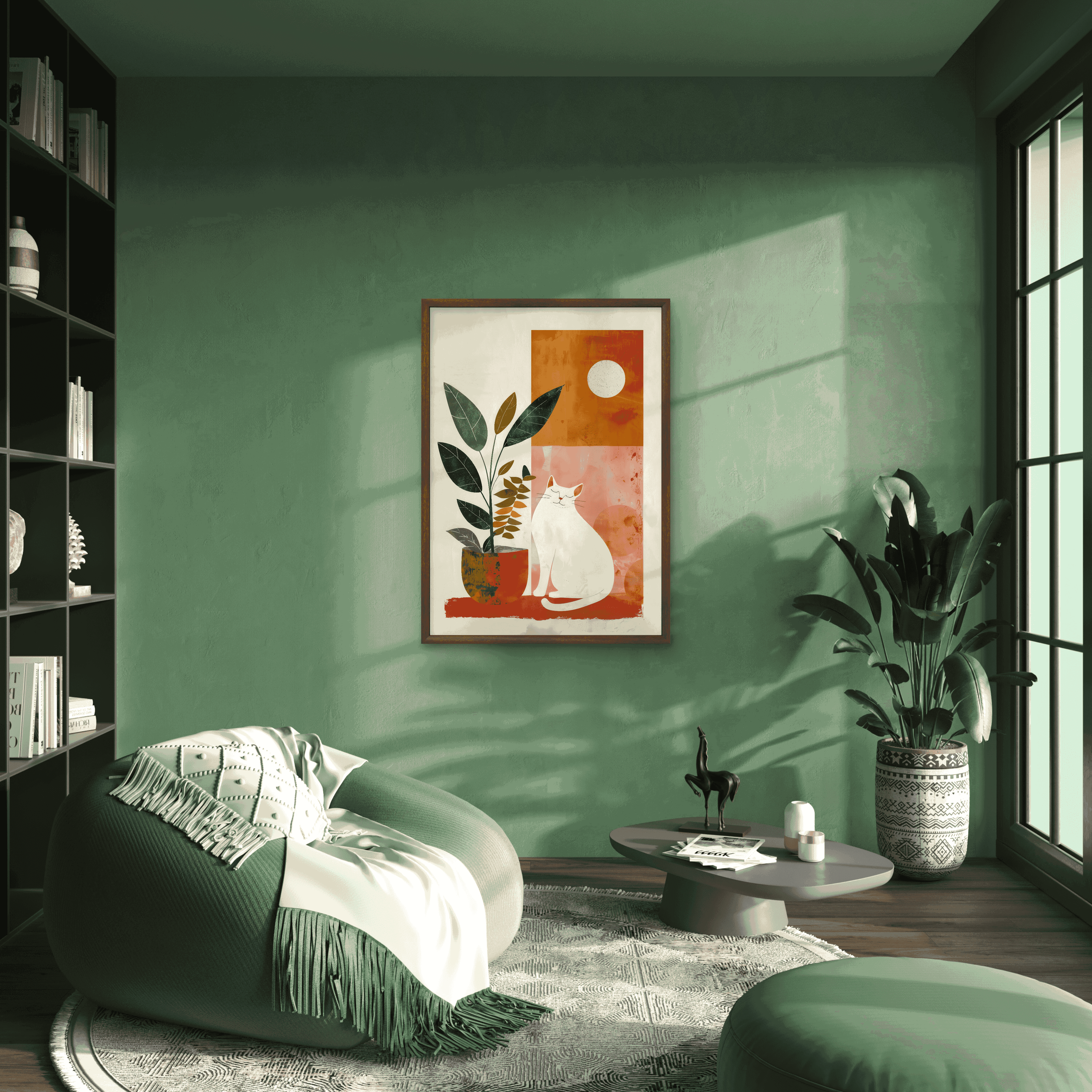 Botanical Bliss – Minimal Cat Art with Plant and Sun