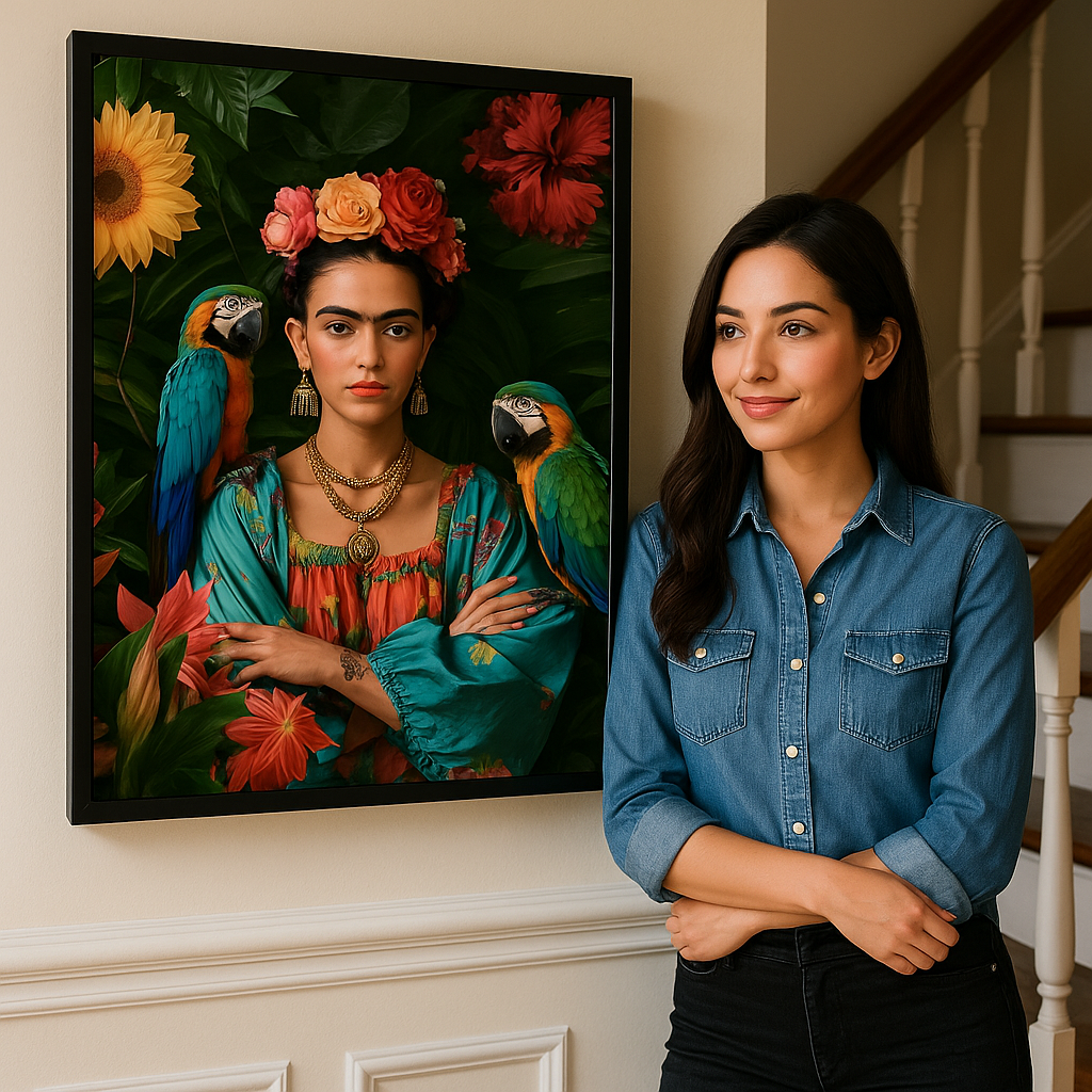 Floral Portrait Wall Art with Parrots – Bohemian Canvas Print