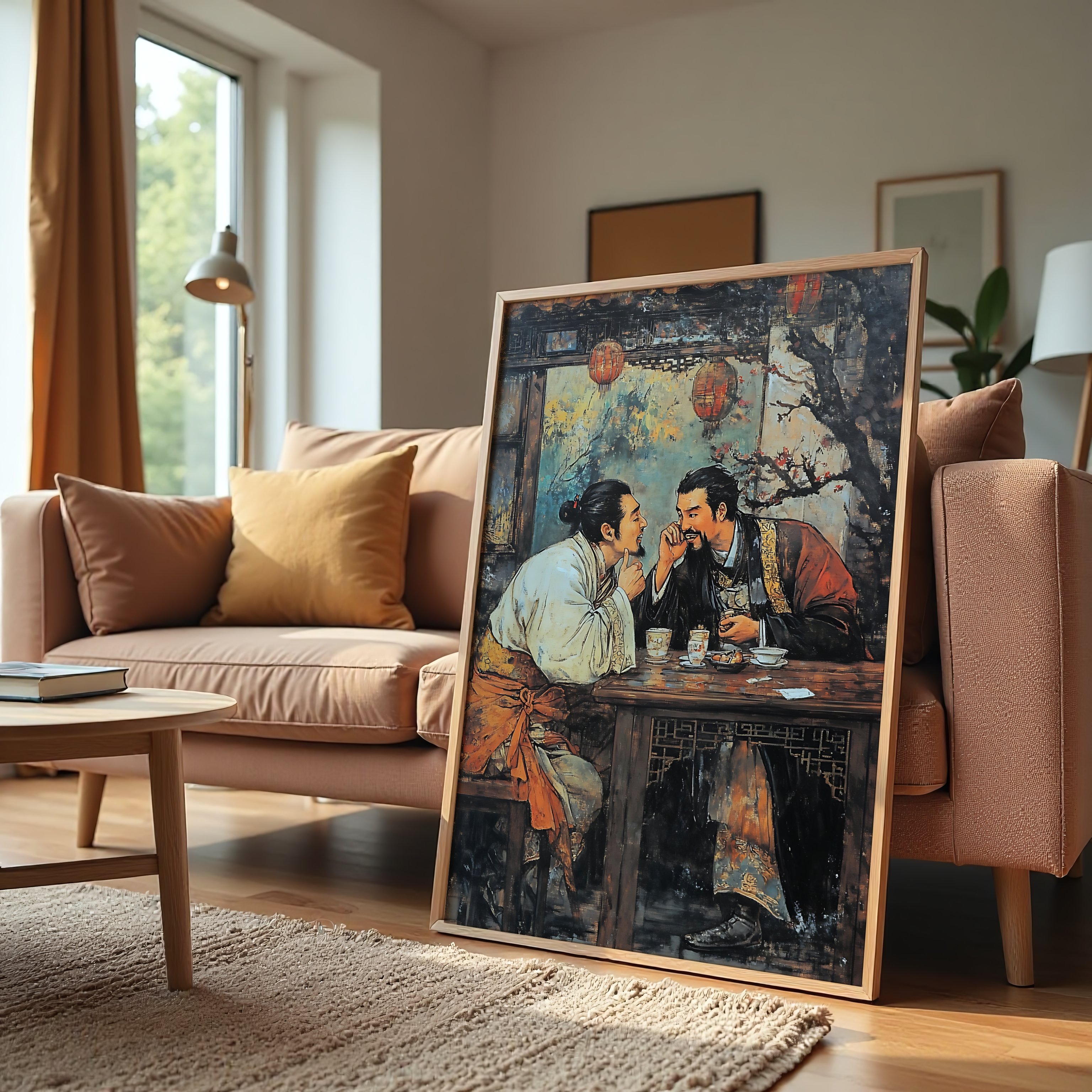 Chinese inspired teahouse scene with two friends at a wooden table and red lanterns in the background