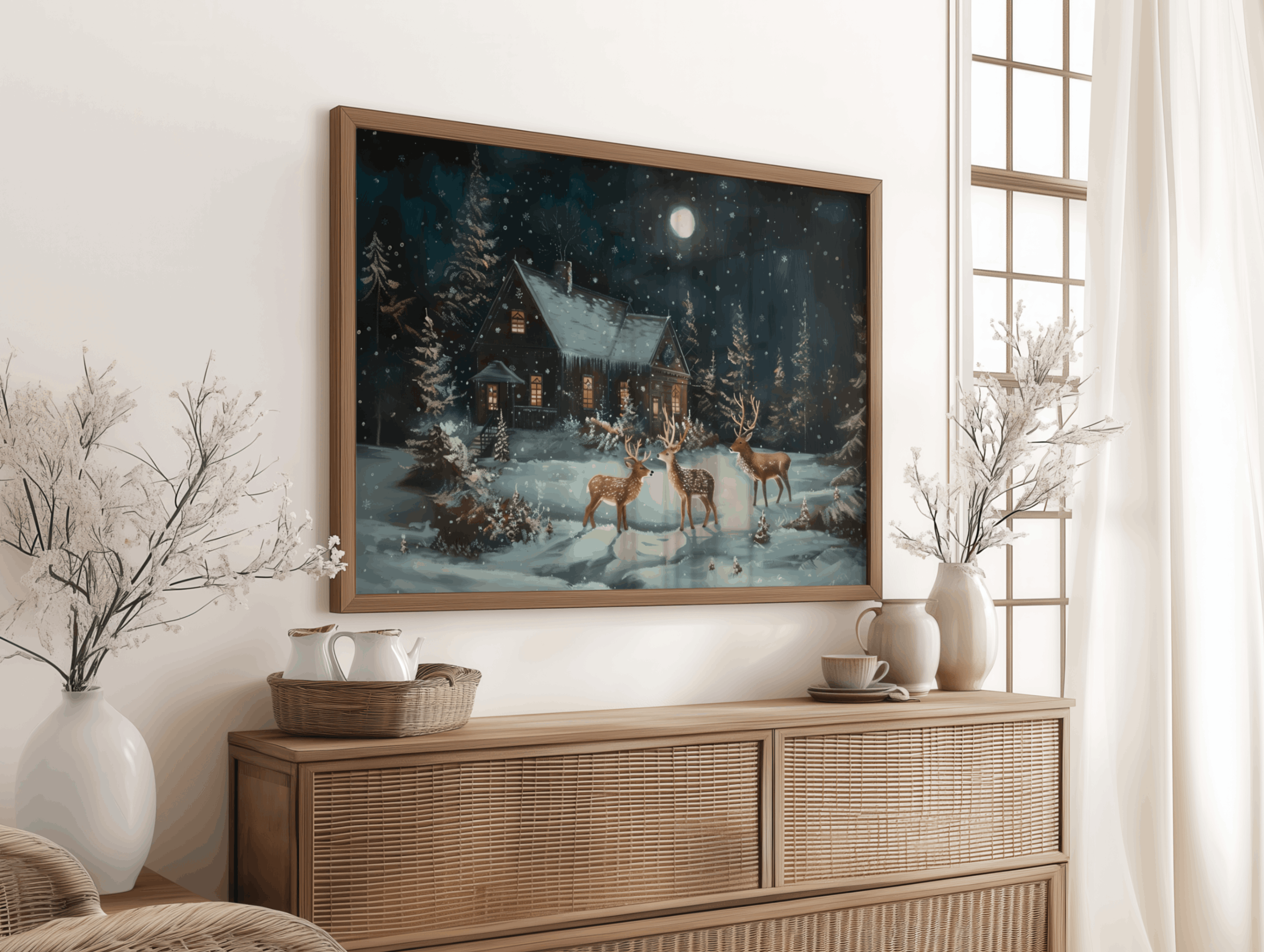 Christmas winter landscape cabin canvas wall decor with deer in snow