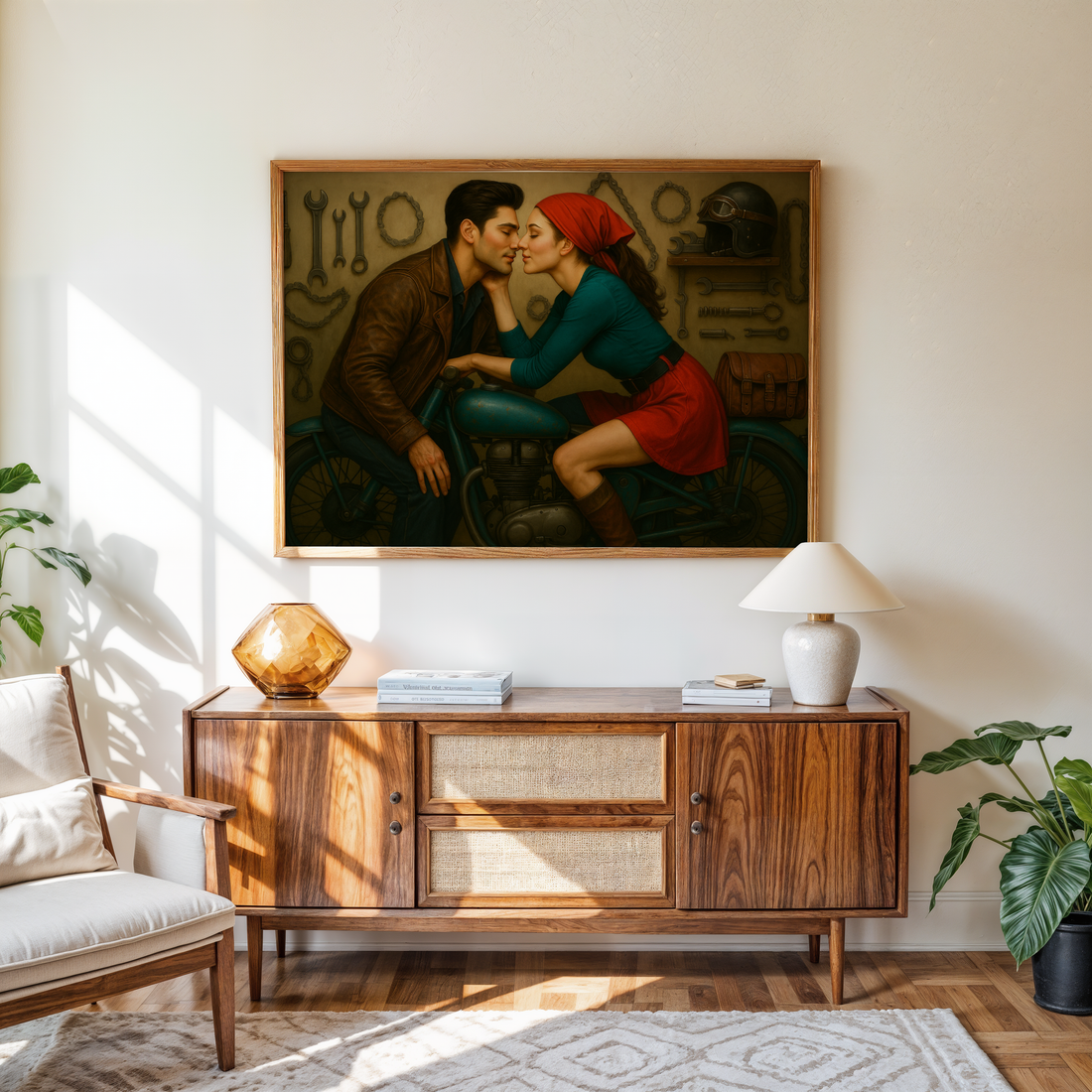 Motorcycle Muse – Passionate Vintage Couple Canvas Art