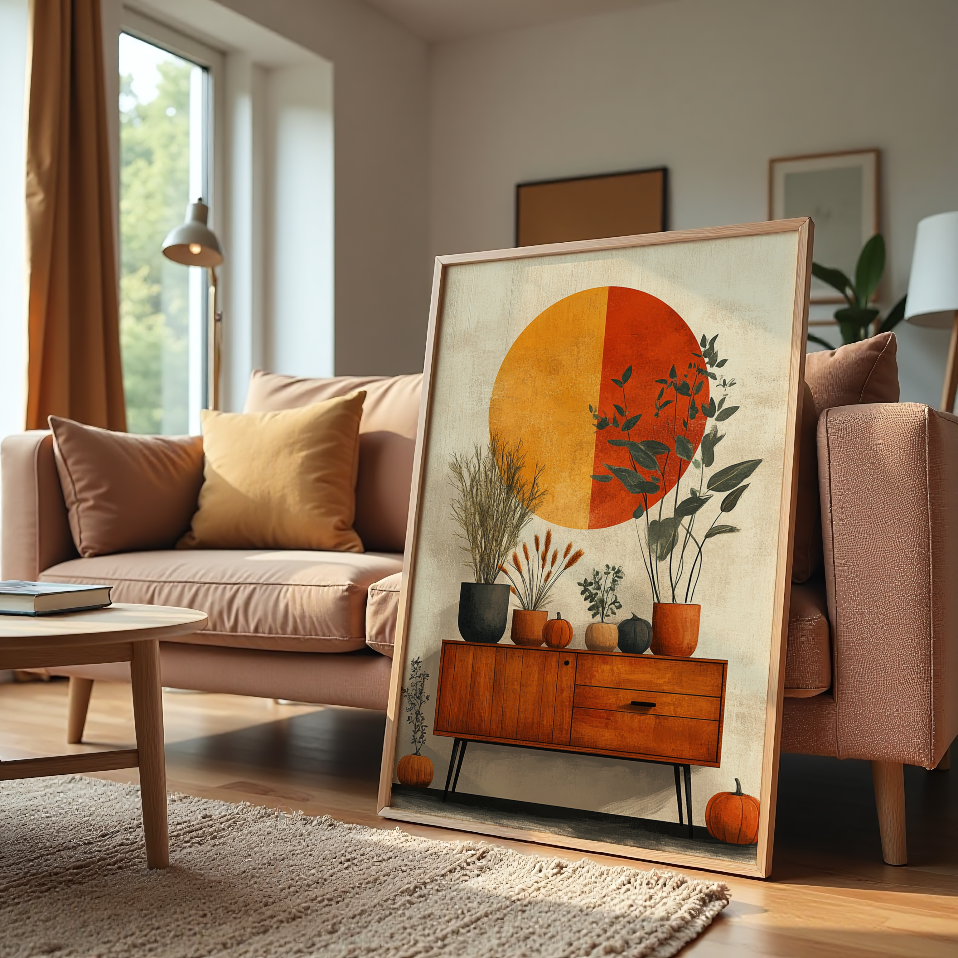 Mid-century botanical canvas wall art with sun and plants