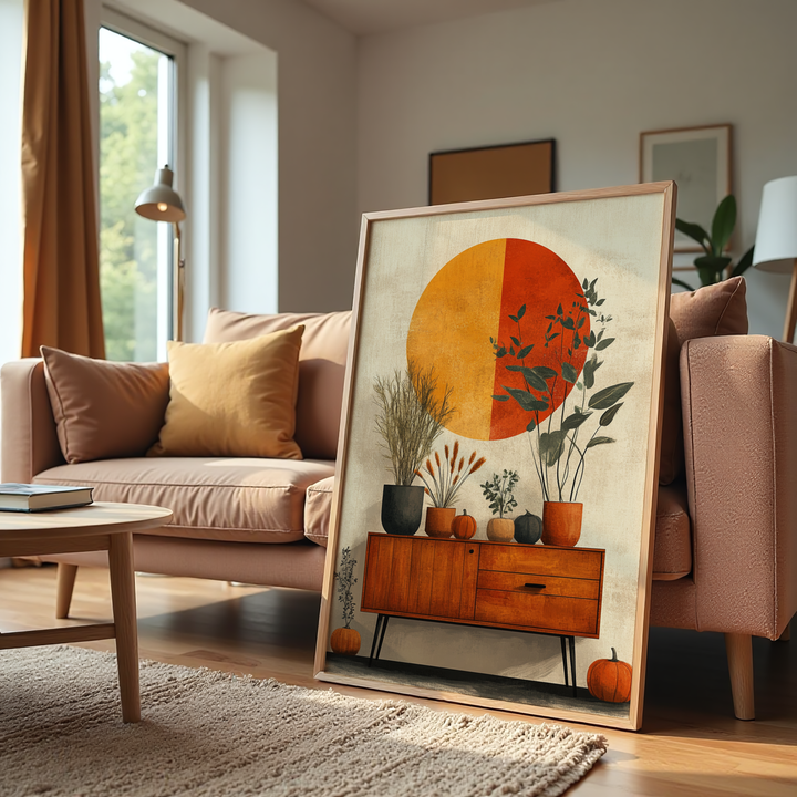 Mid-century botanical canvas wall art with sun and plants