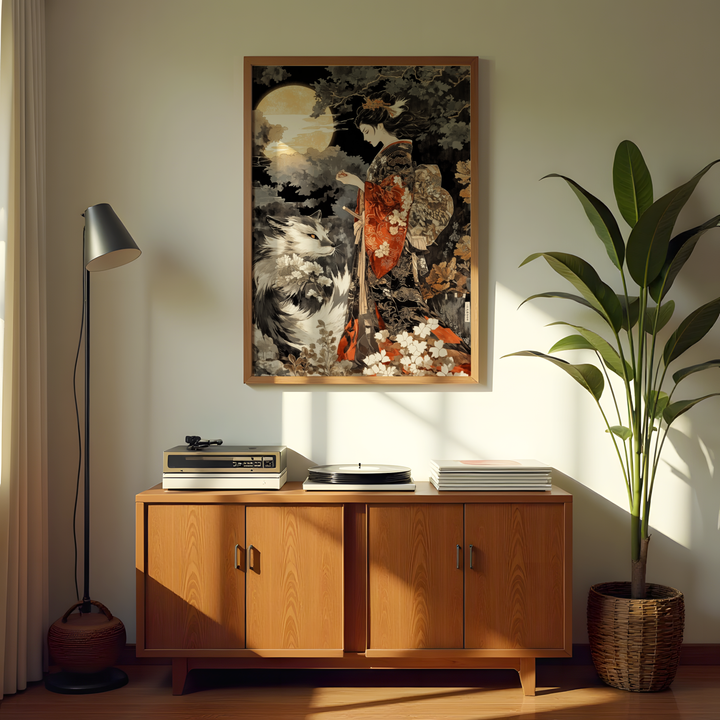 Ukiyo-e style moonlit scene of a kimono woman with a mystical kitsune fox under a full moon