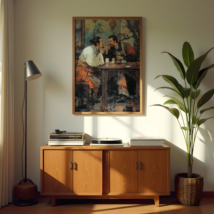 Oriental vintage canvas art showing a cozy tea table moment with textured brushwork and earthy warm tones