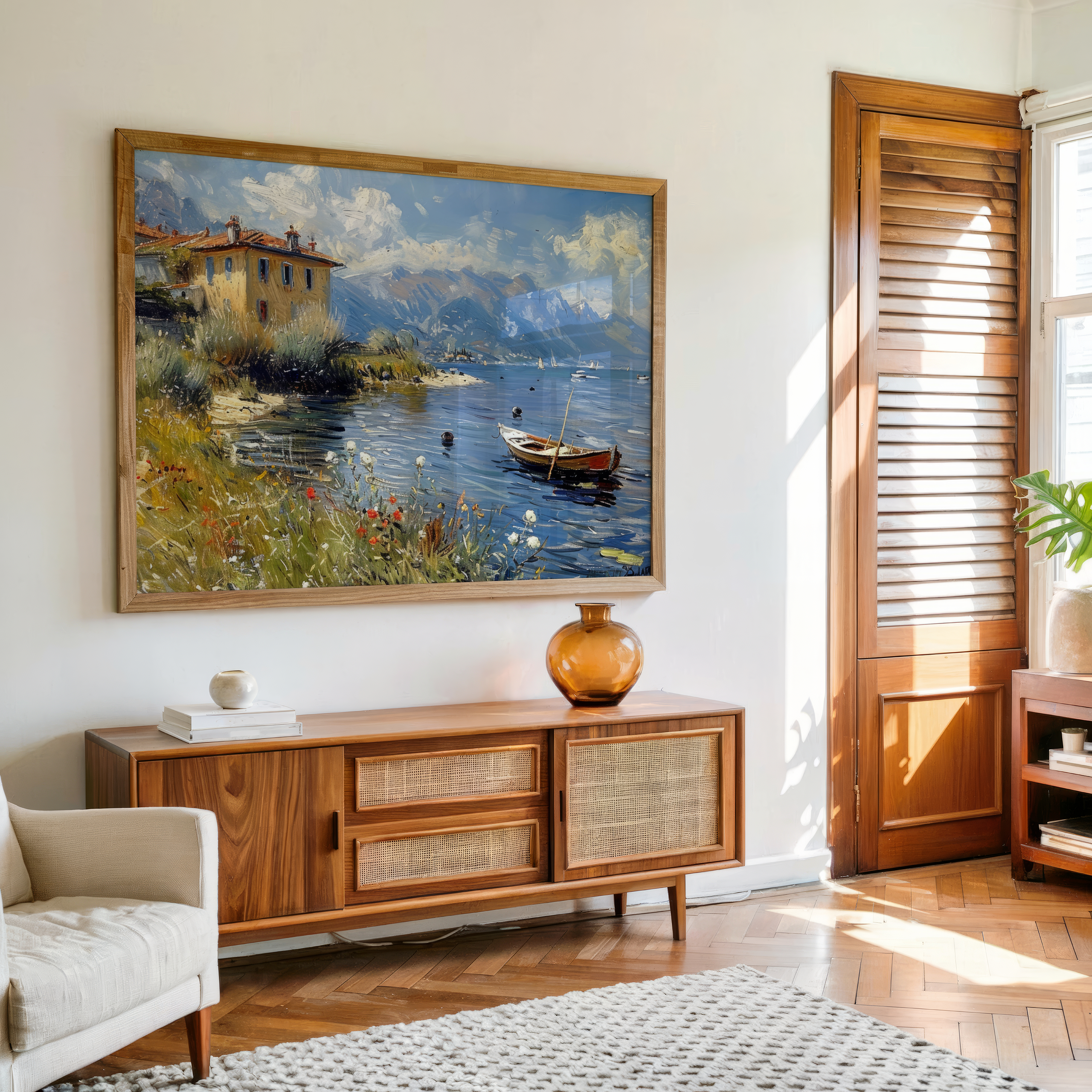 Lakeside Wall Art with Boat & House – Nature-Inspired Canvas Print