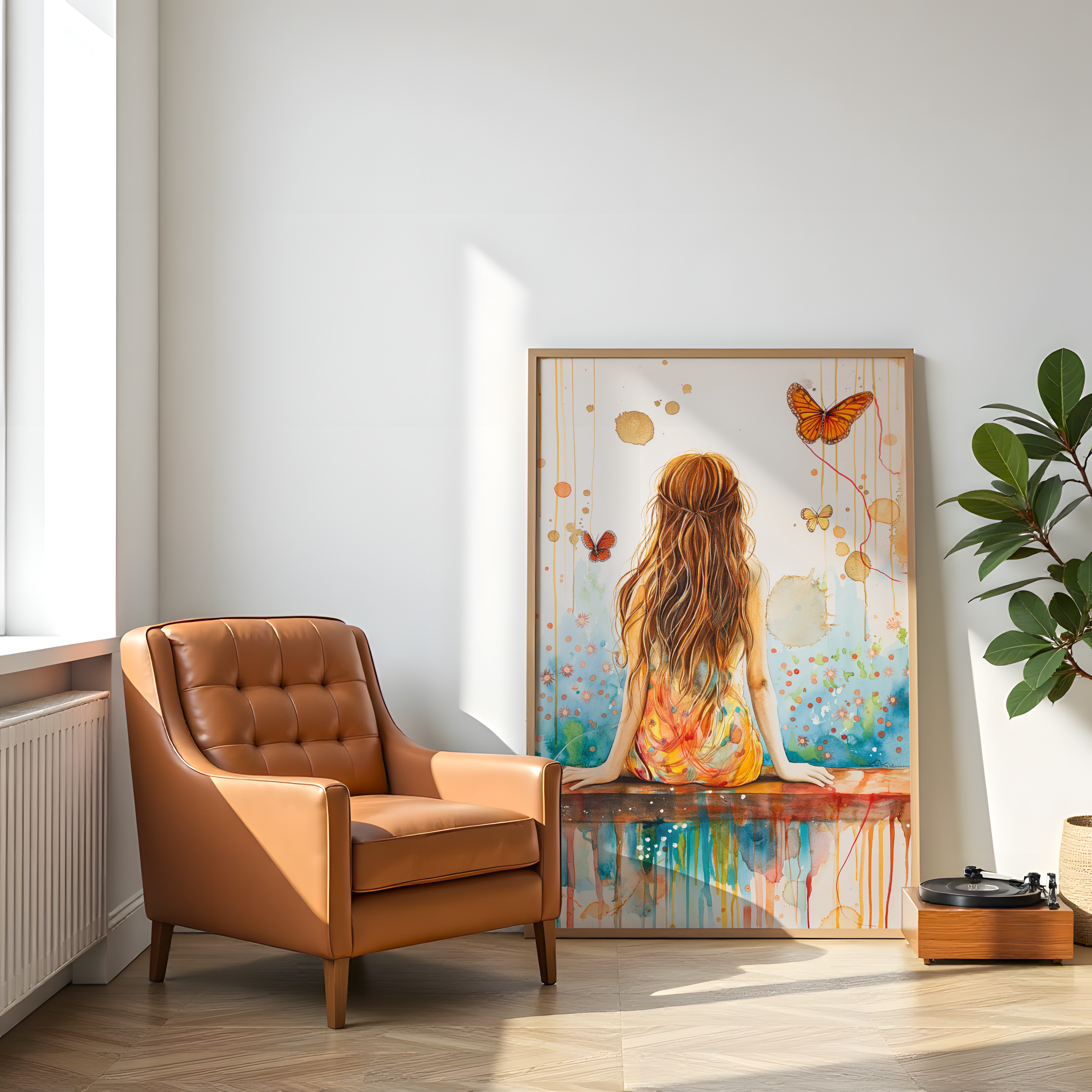 Girl Watching Butterfly Wall Art – Abstract Canvas Print for Calm & Whimsical Home Decor