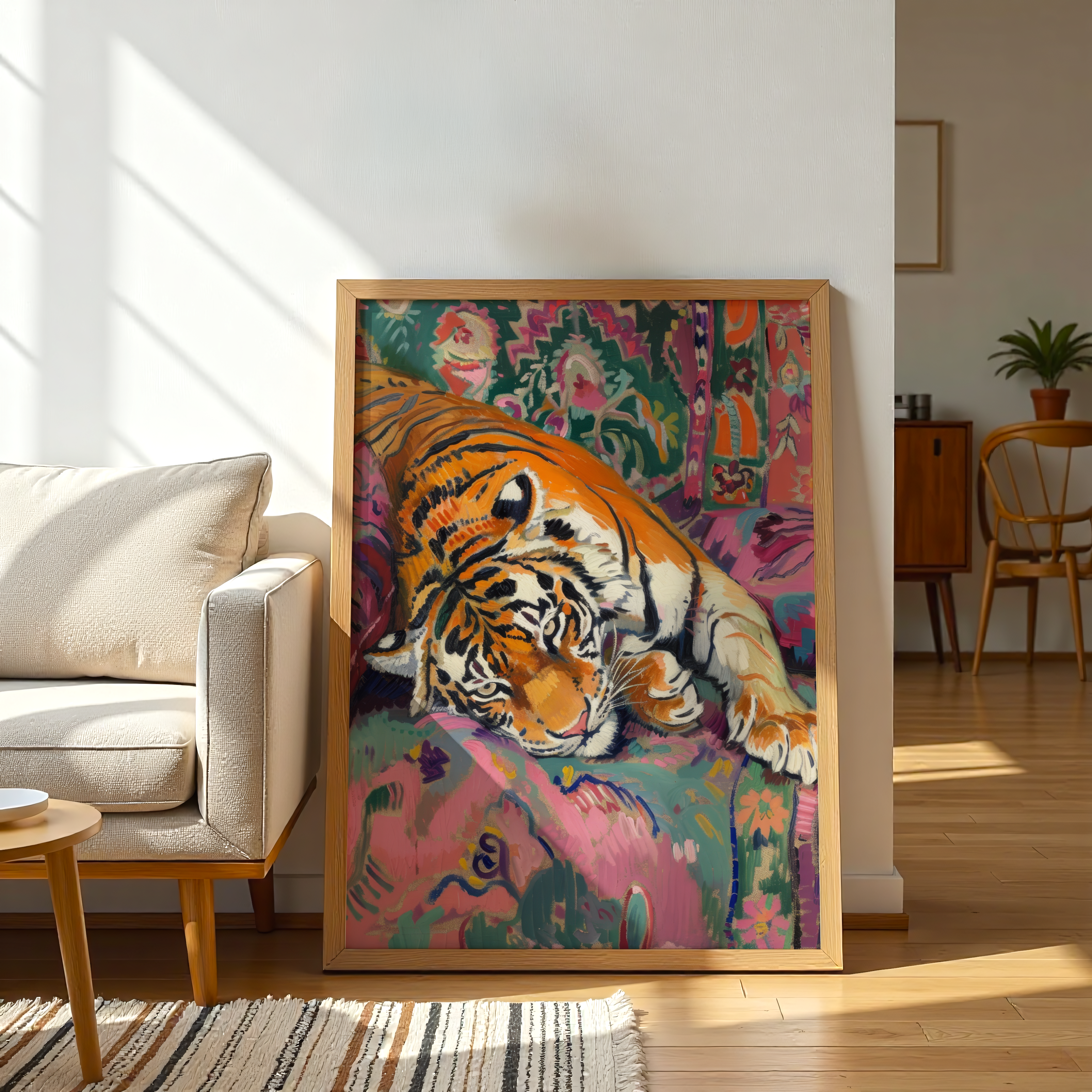 Regal Rest: Tiger on Patterned Sofa - Abstract Animal Canvas Wall Art