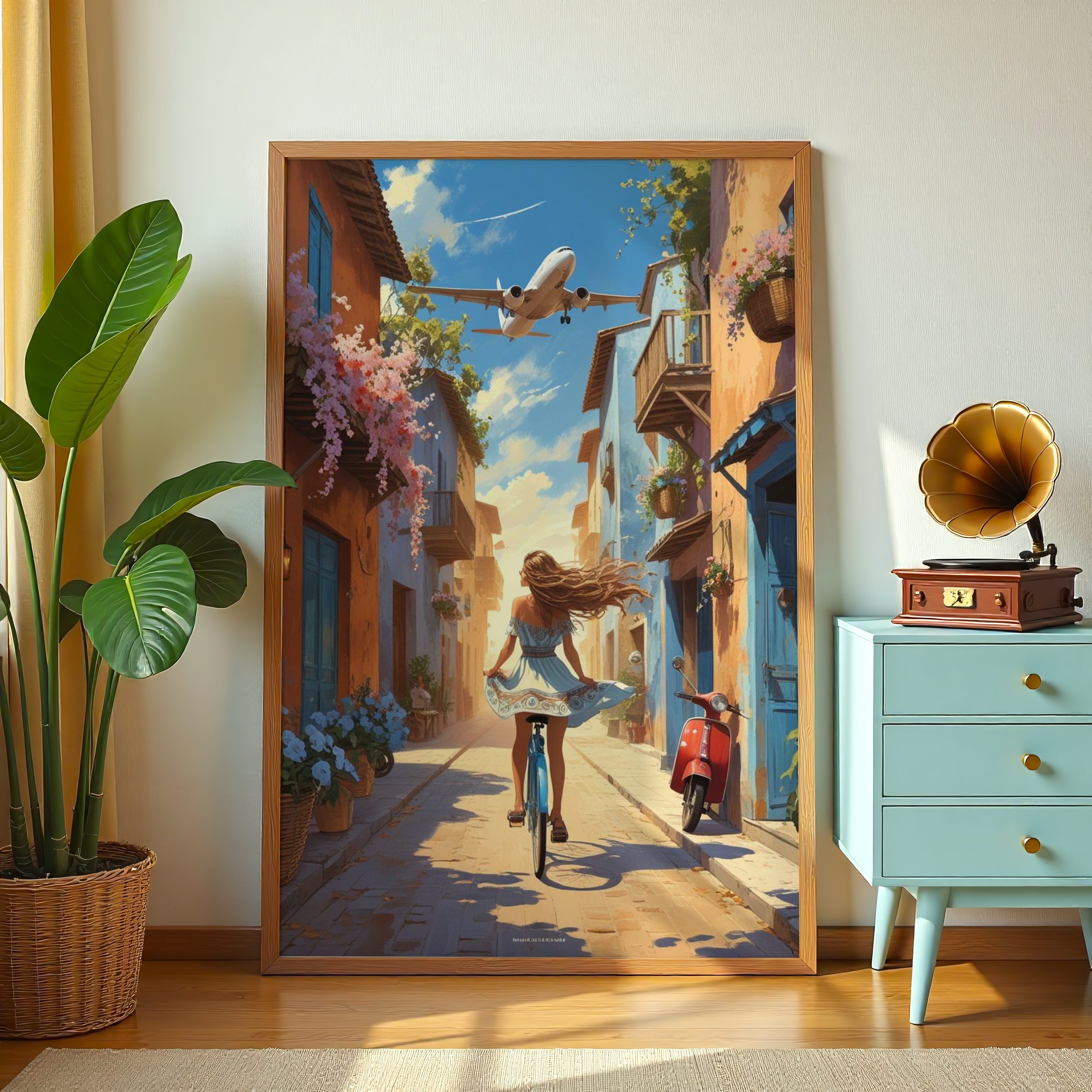 Girl Riding Bicycle with Airplane – Travel Street Canvas Wall Art