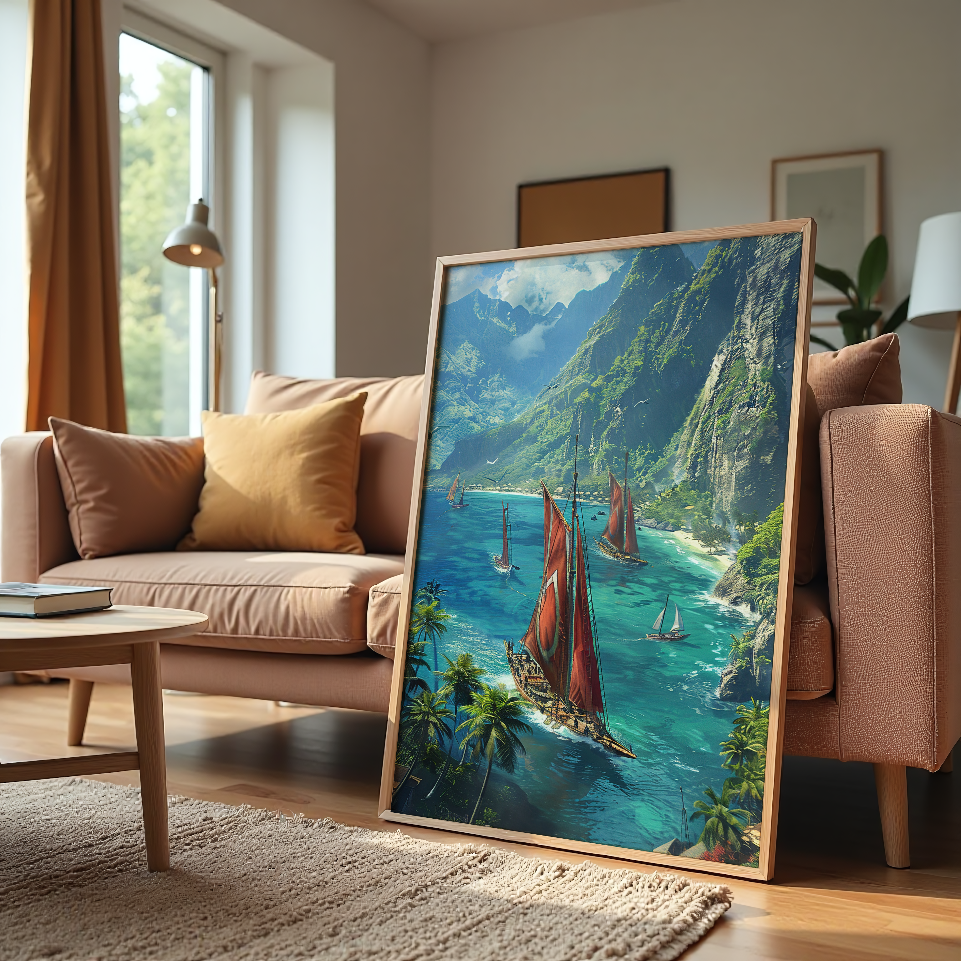 Coastal seascape painting featuring sailboats near green cliffs