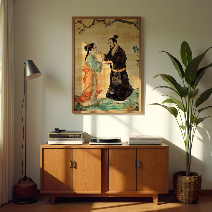 Romantic Blossom Moment Traditional Asian Couple Canvas Wall Art