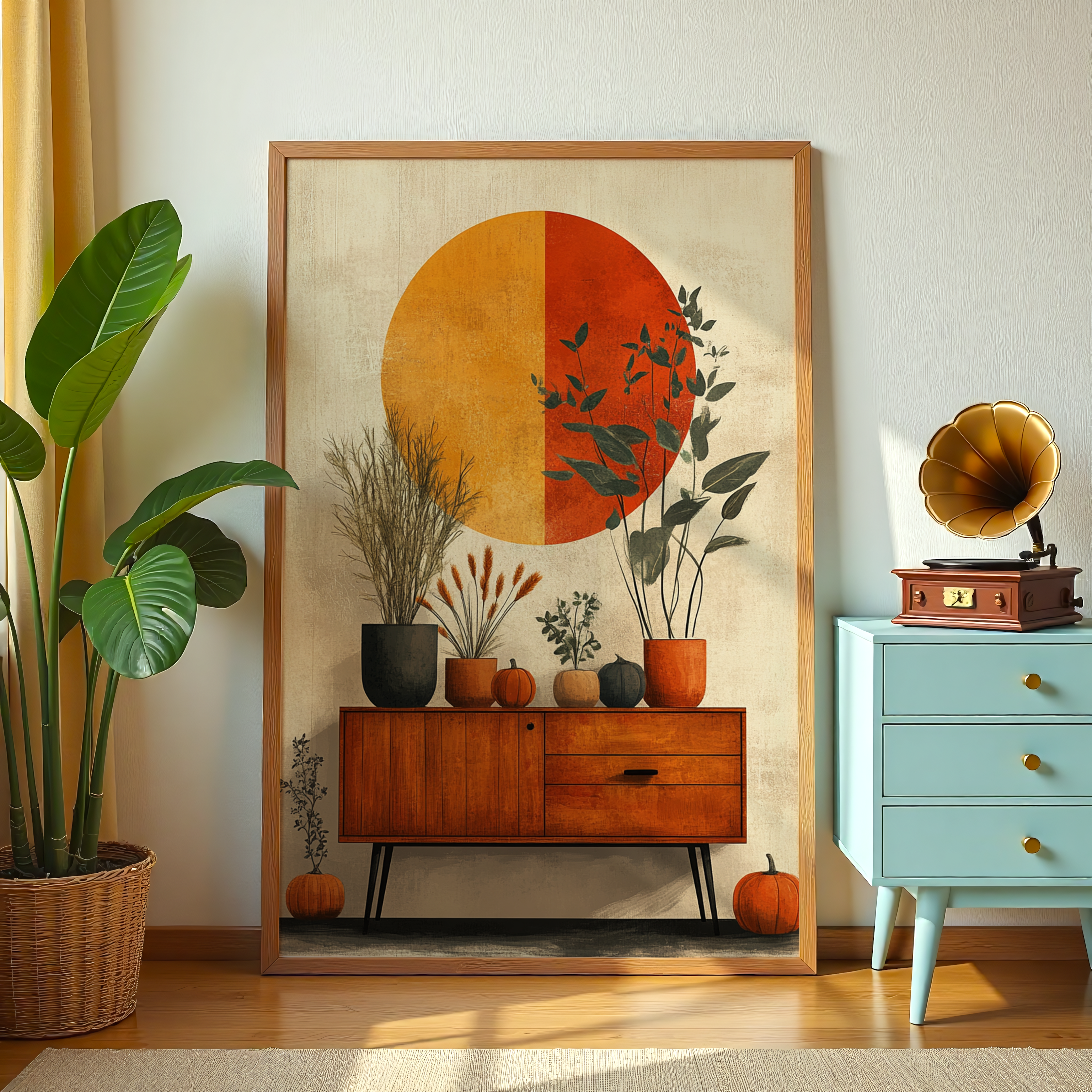 Stylish mid-century art print with abstract sun and plants