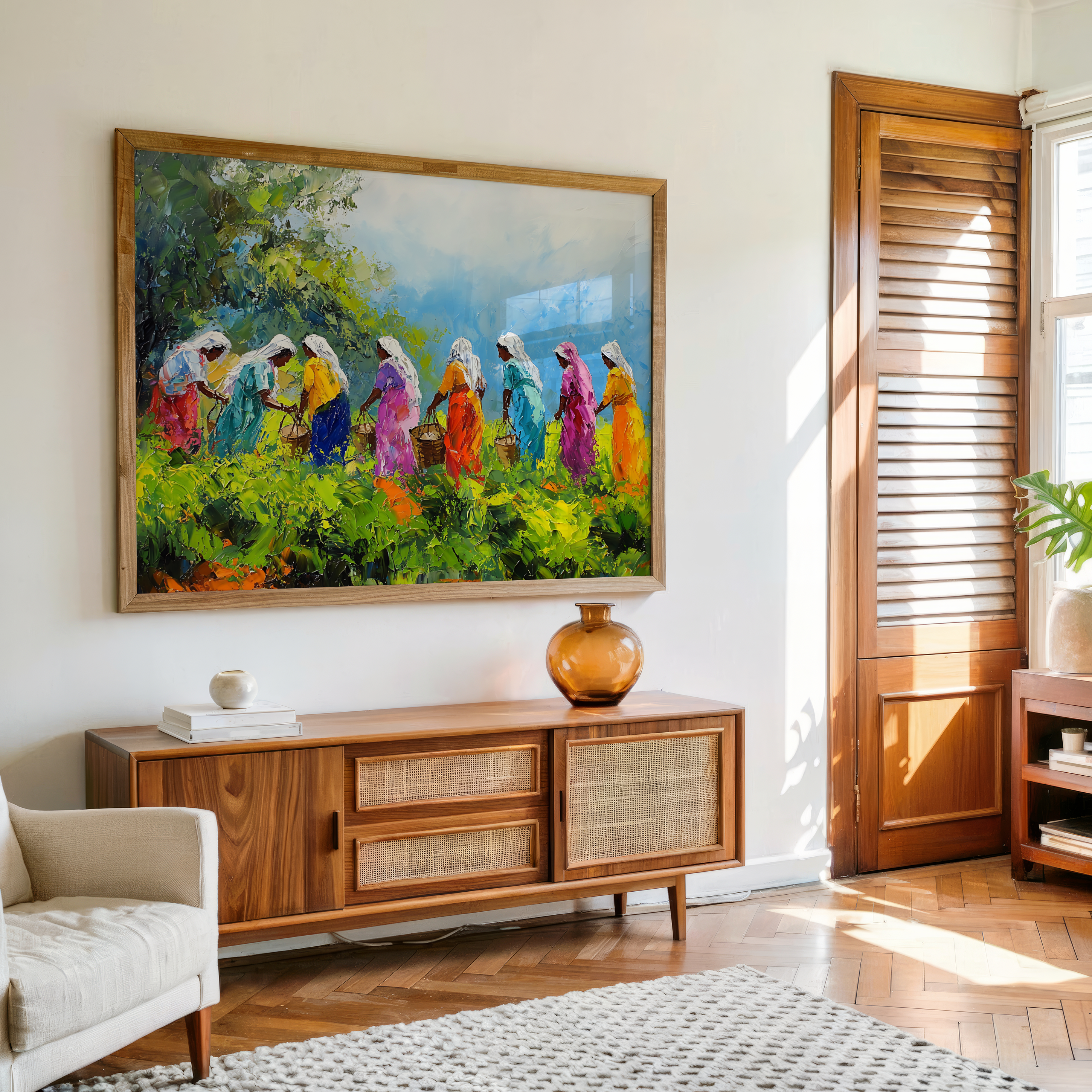 Alt: Colorful traditional women picking tea leaves with baskets in a bright green plantation landscape