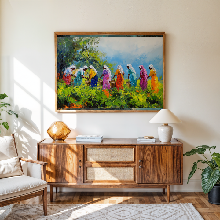 Textured impasto-style tea plantation wall art with mountain sky background and harvest workers