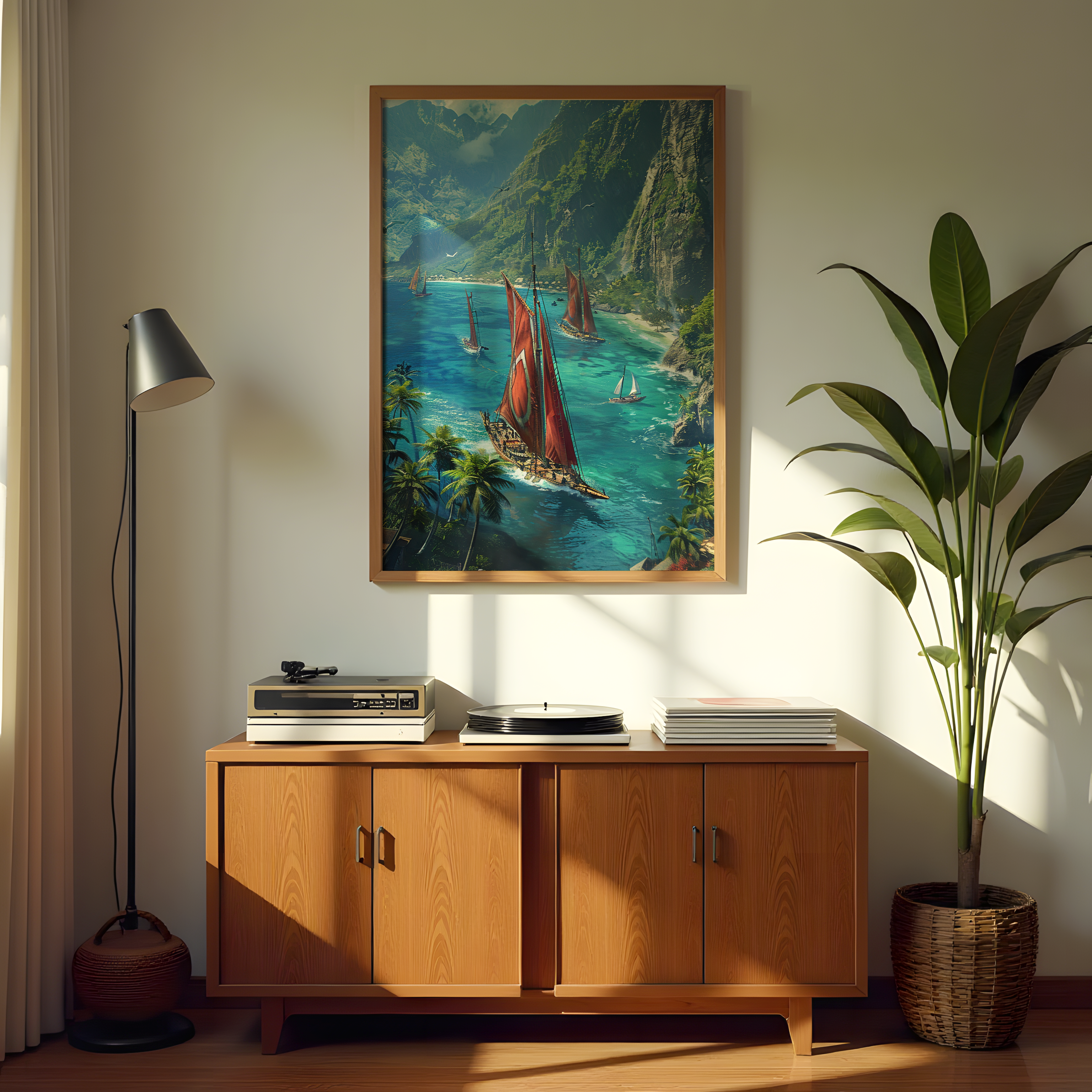 Ocean view canvas with tropical paradise and sailing boats