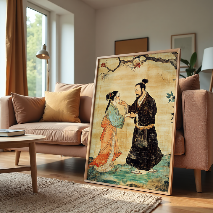 Vintage parchment texture wall art showing a couple in traditional clothing with soft earthy tones and blossoms