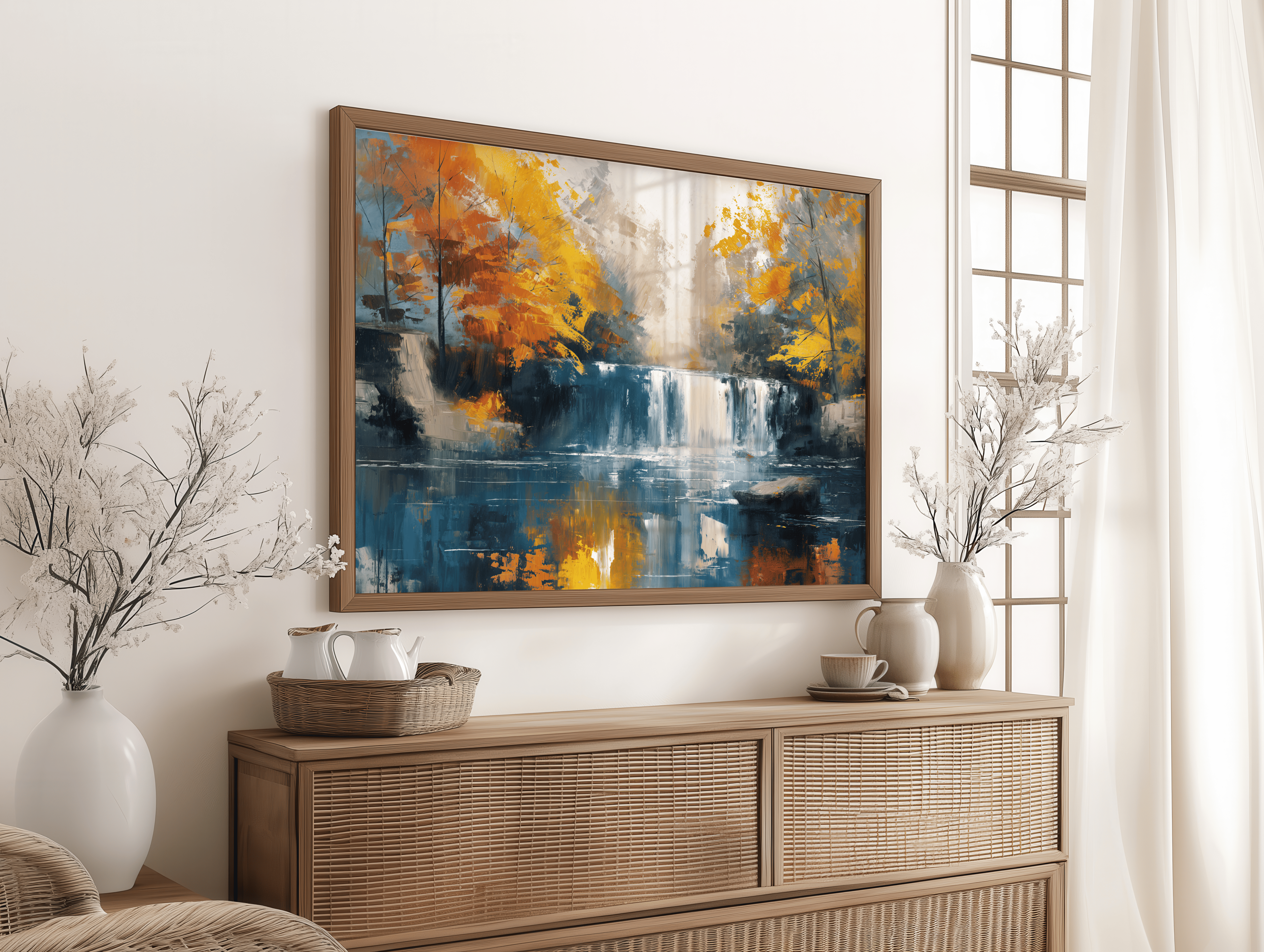 Abstract painting of an autumn forest waterfall with golden-orange trees and calm water reflections.