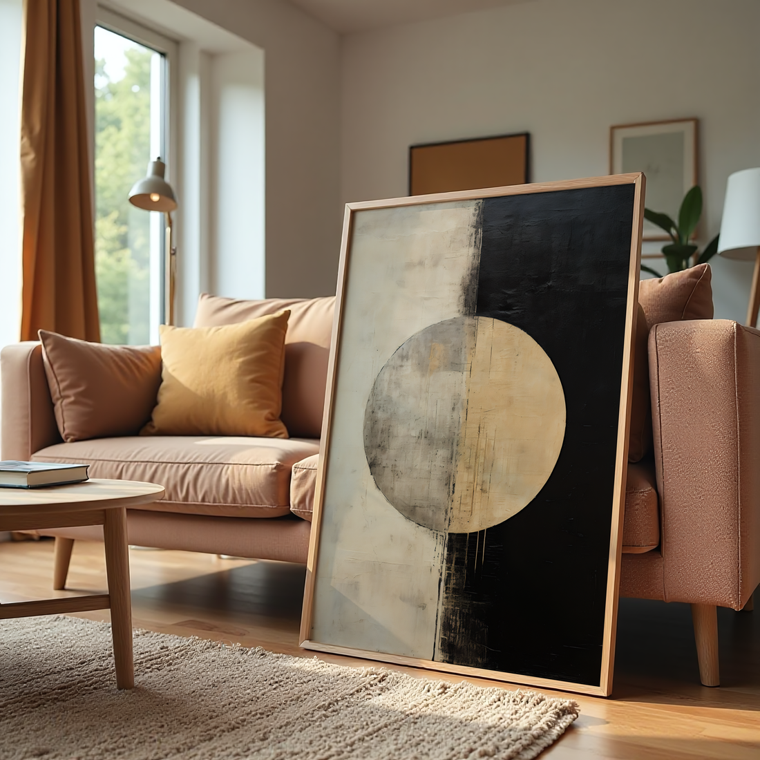Abstract black and beige circular canvas wall art for modern interiors
