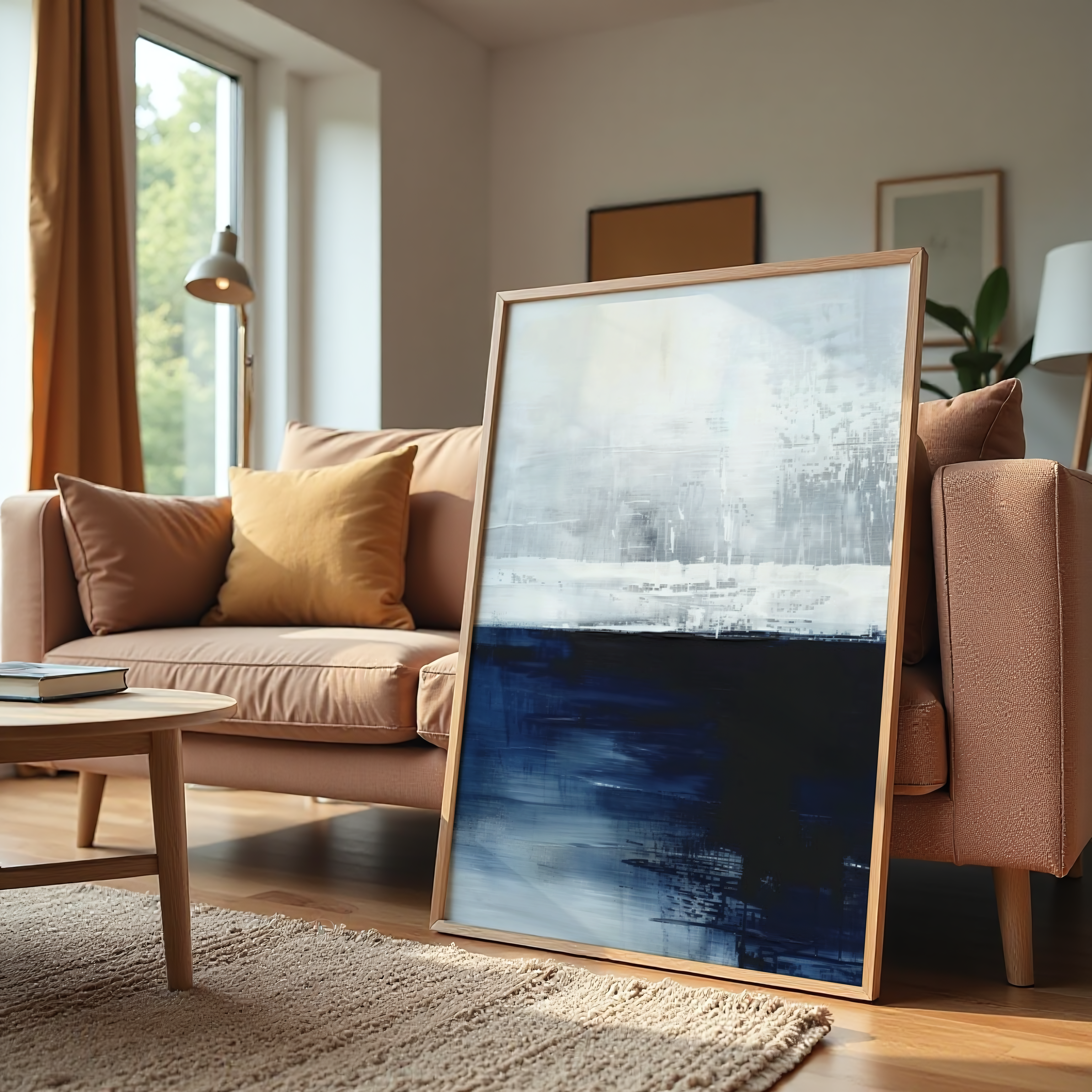 Abstract blue and white minimalist canvas wall art for modern interiors