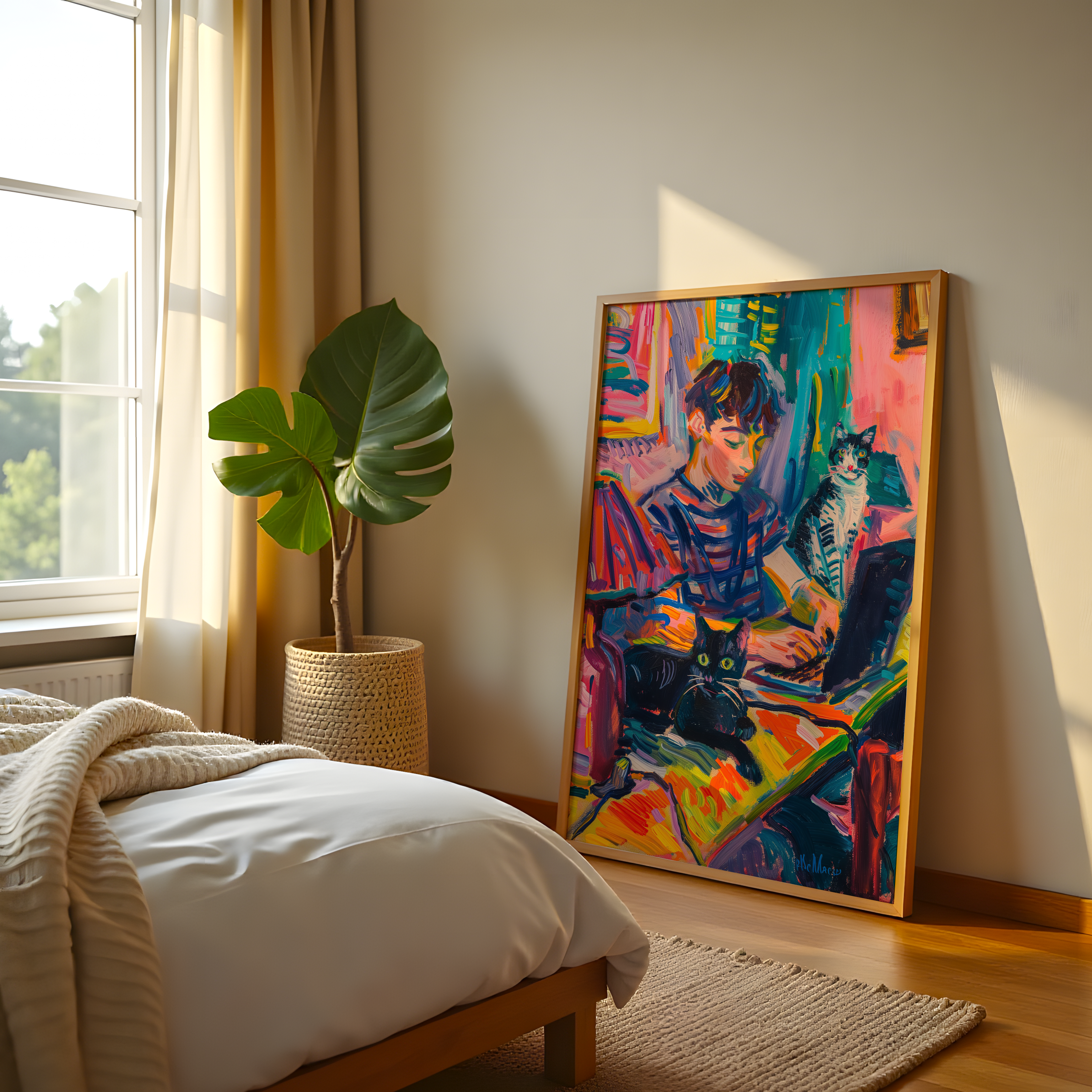 Abstract painting of boy with two cats working on laptop – colorful canvas art for modern interiors