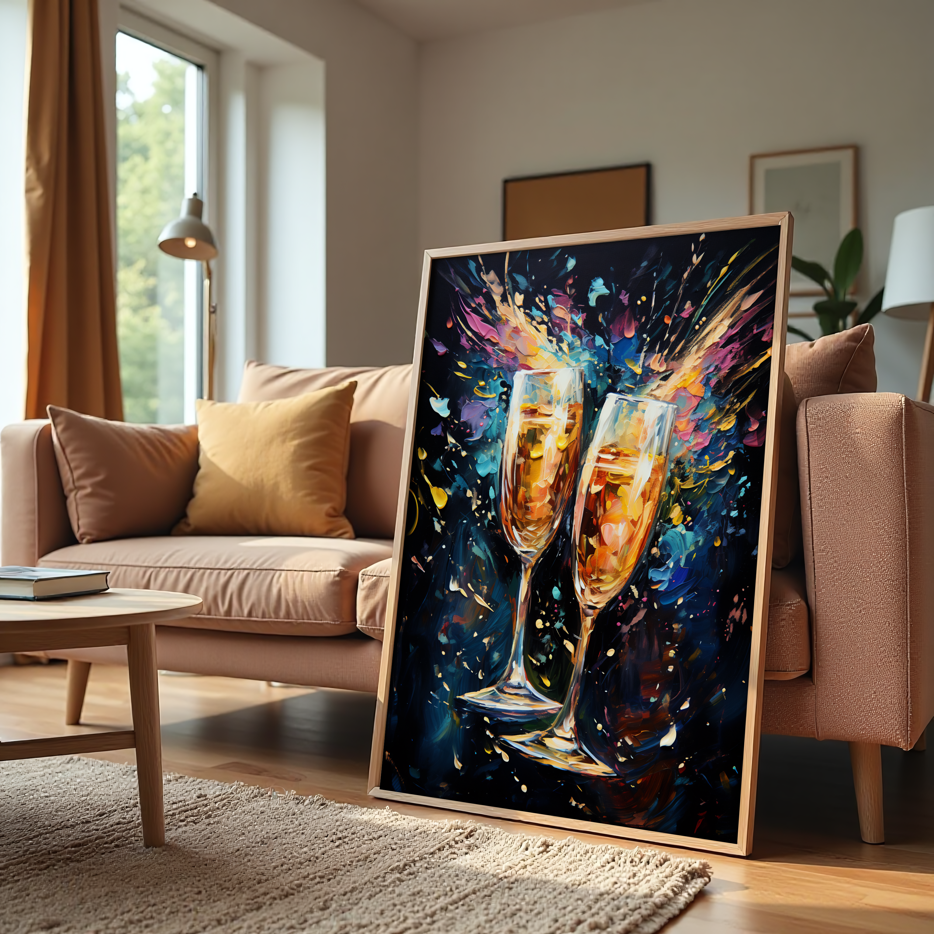 Abstract painting of champagne glasses clinking with color splash