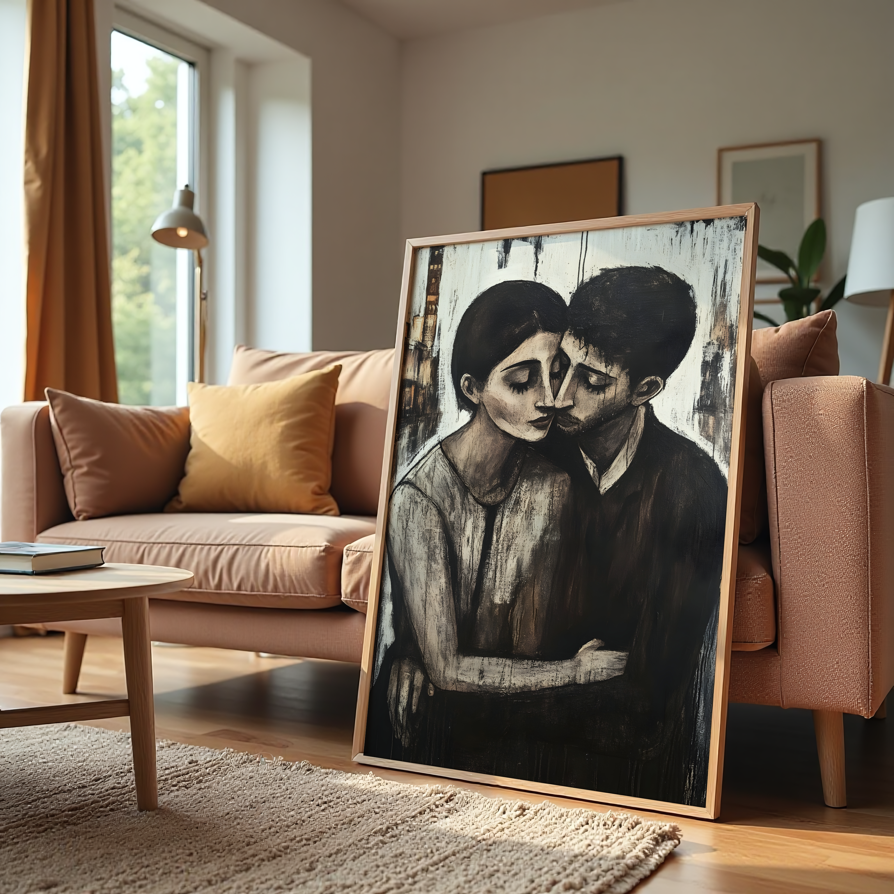 Abstract couple embrace wall art canvas showing romantic intimate hug in neutral tones