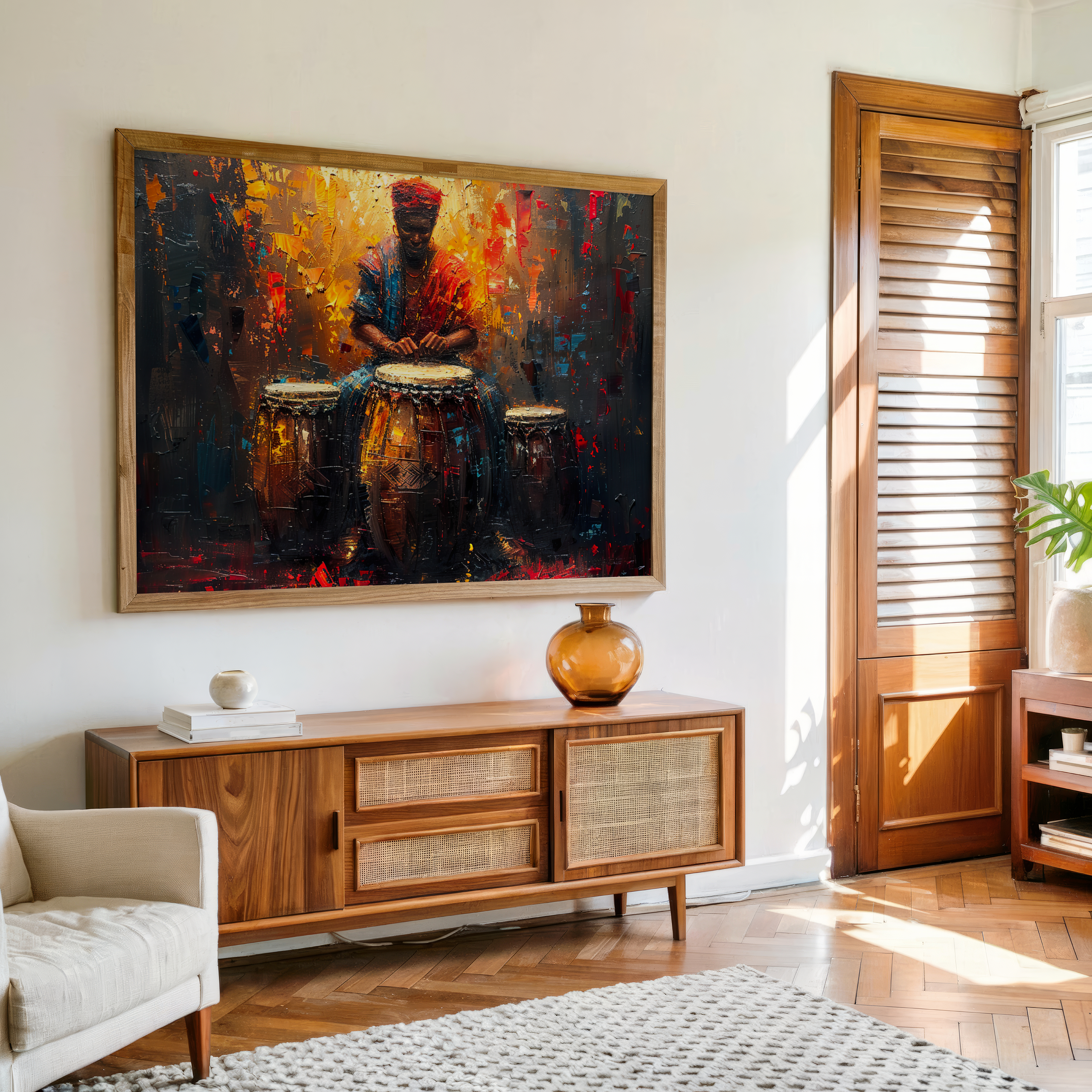 Abstract music wall art of a drummer playing tribal drums with bold textures and fiery colors