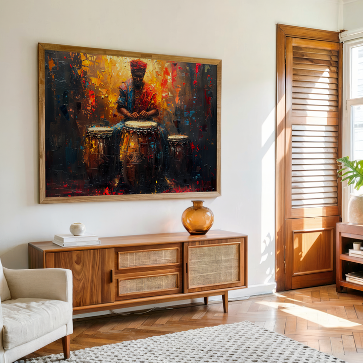 Abstract music wall art of a drummer playing tribal drums with bold textures and fiery colors