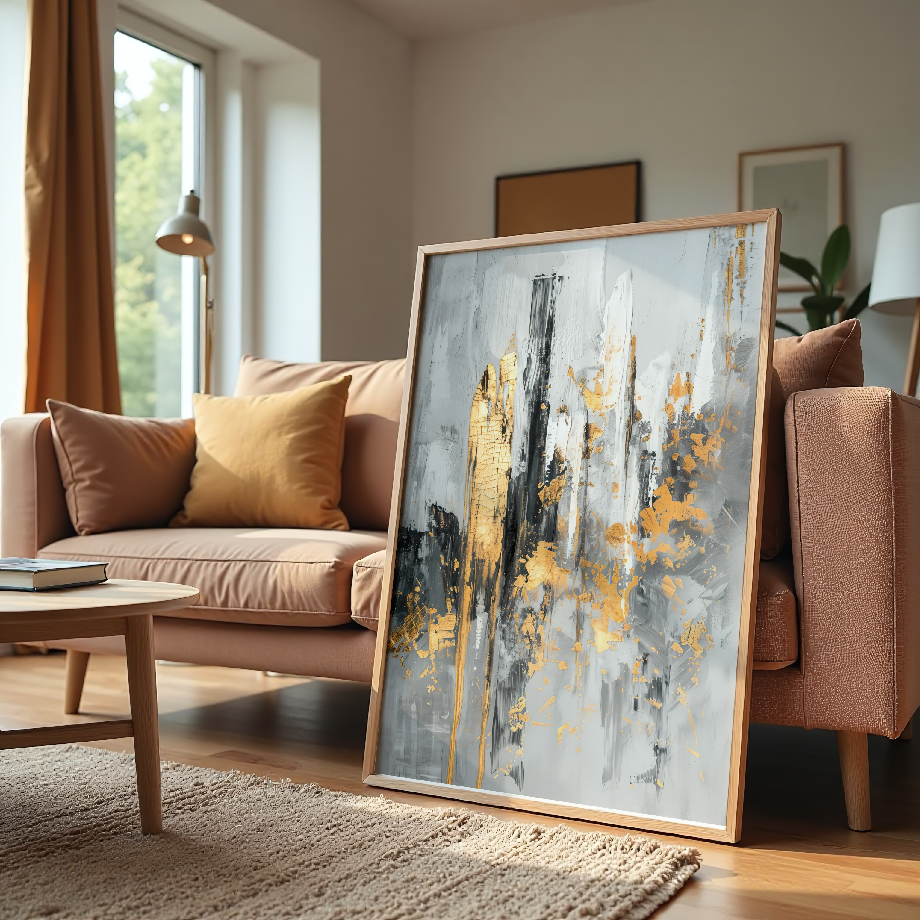 Abstract gold and grey contemporary canvas wall art with textured brush strokes