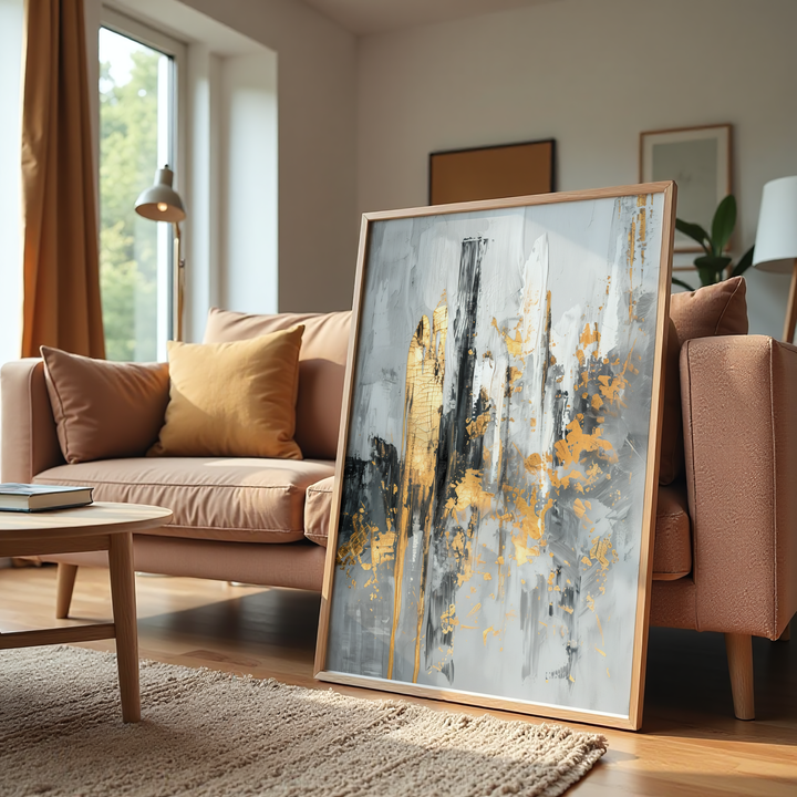Abstract gold and grey contemporary canvas wall art with textured brush strokes