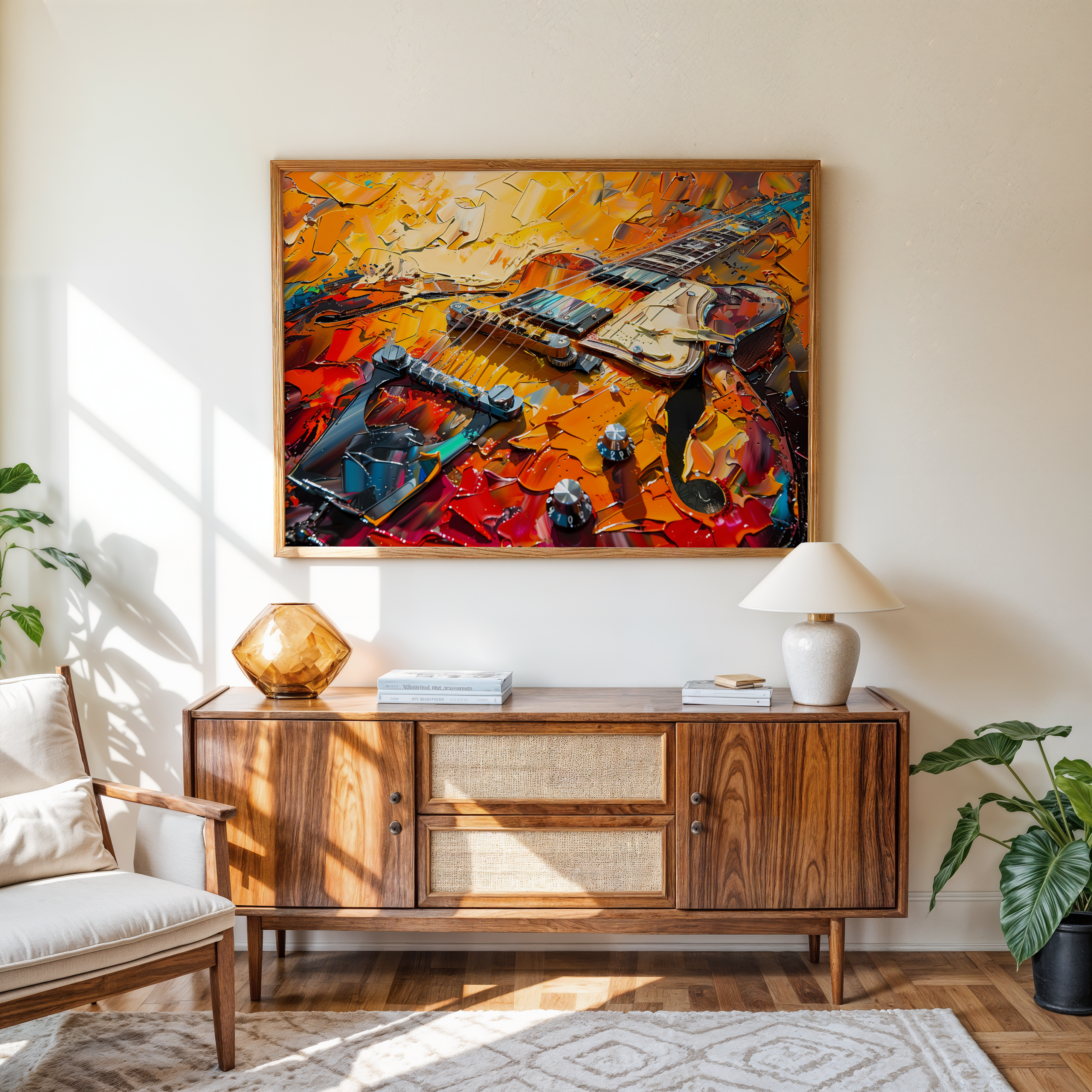 Abstract electric guitar wall art in bold textured colors – perfect for music rooms or studios