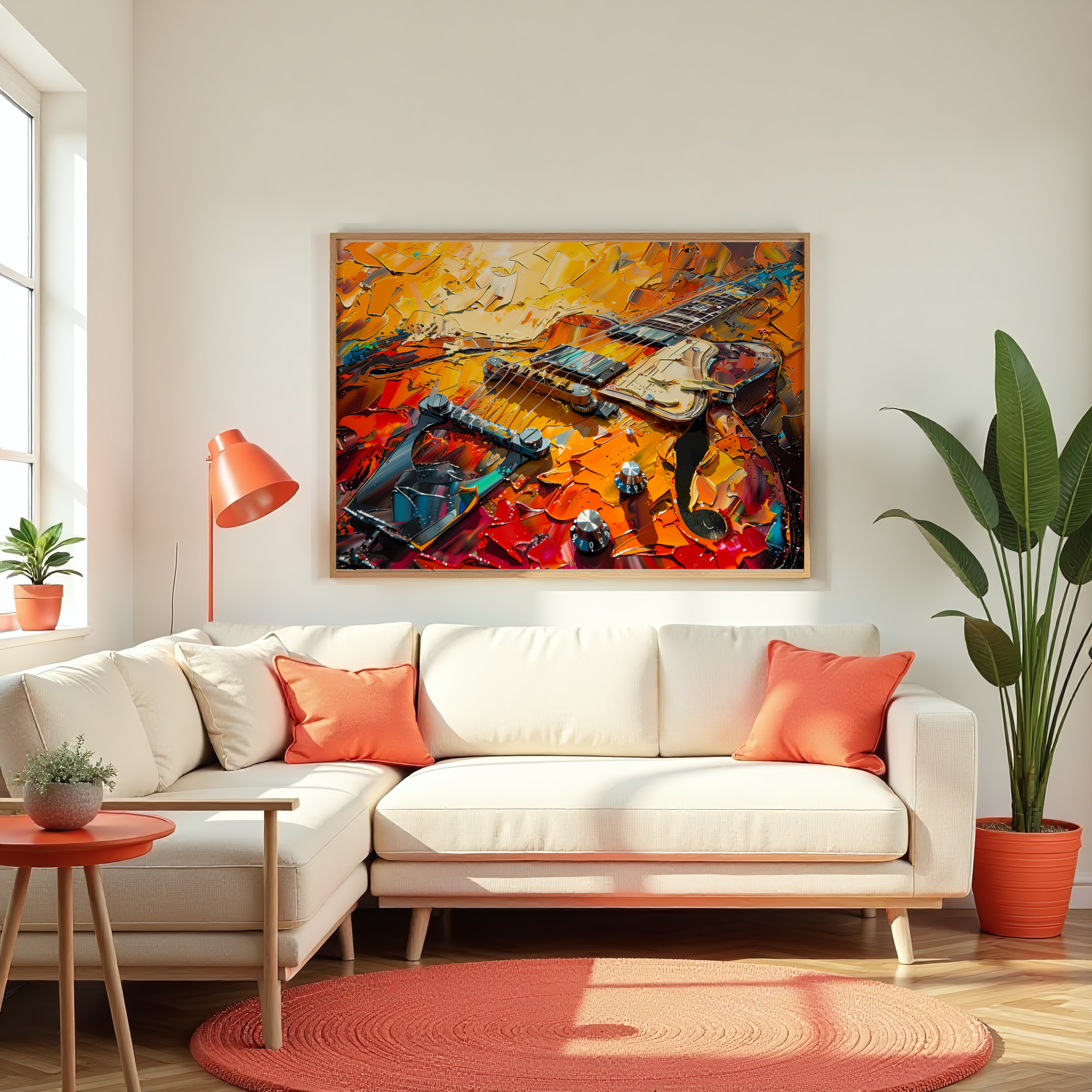 Vibrant abstract painting of an electric guitar with bold palette knife textures for modern wall decor