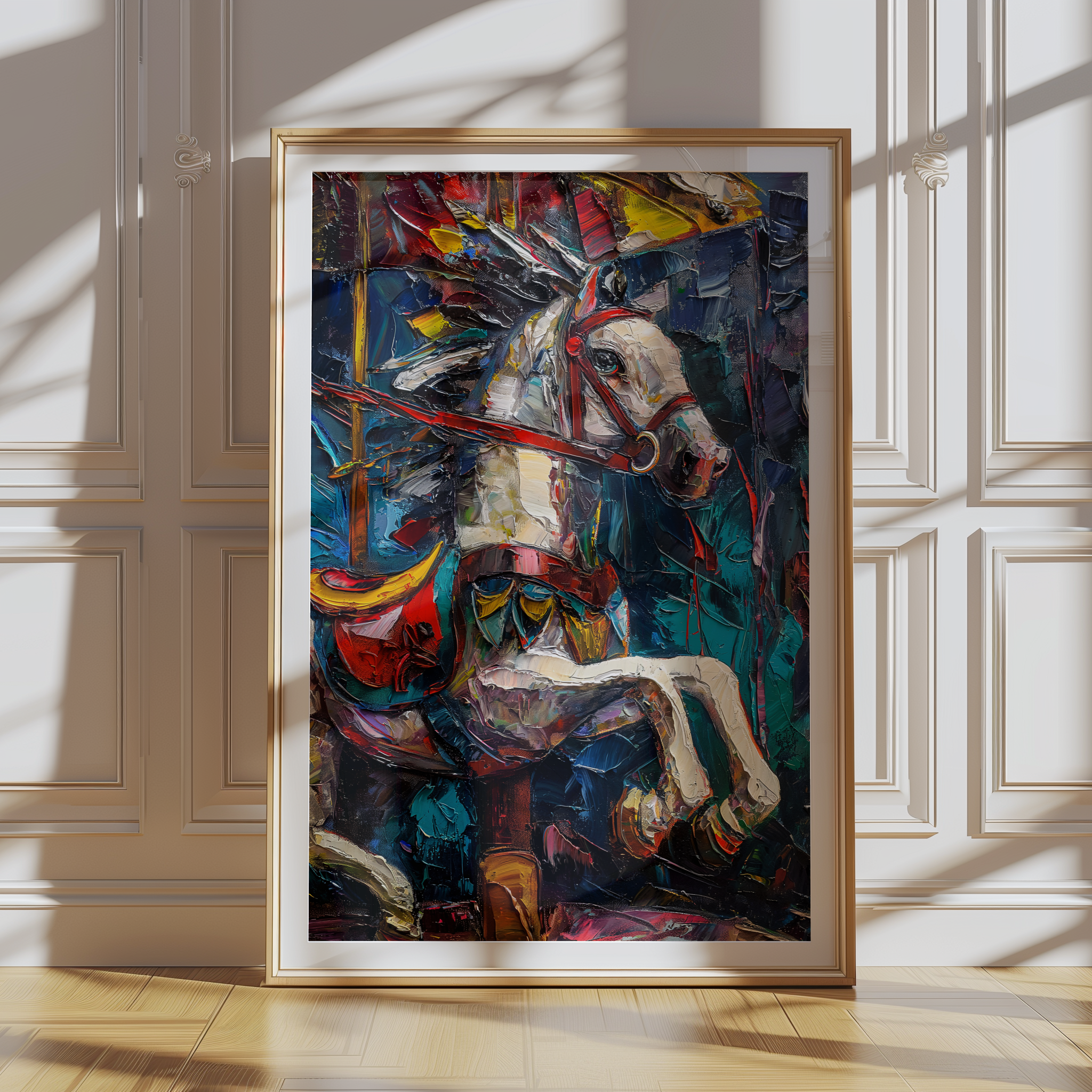 Abstract canvas print of horses playing at a carnival with colorful, whimsical details