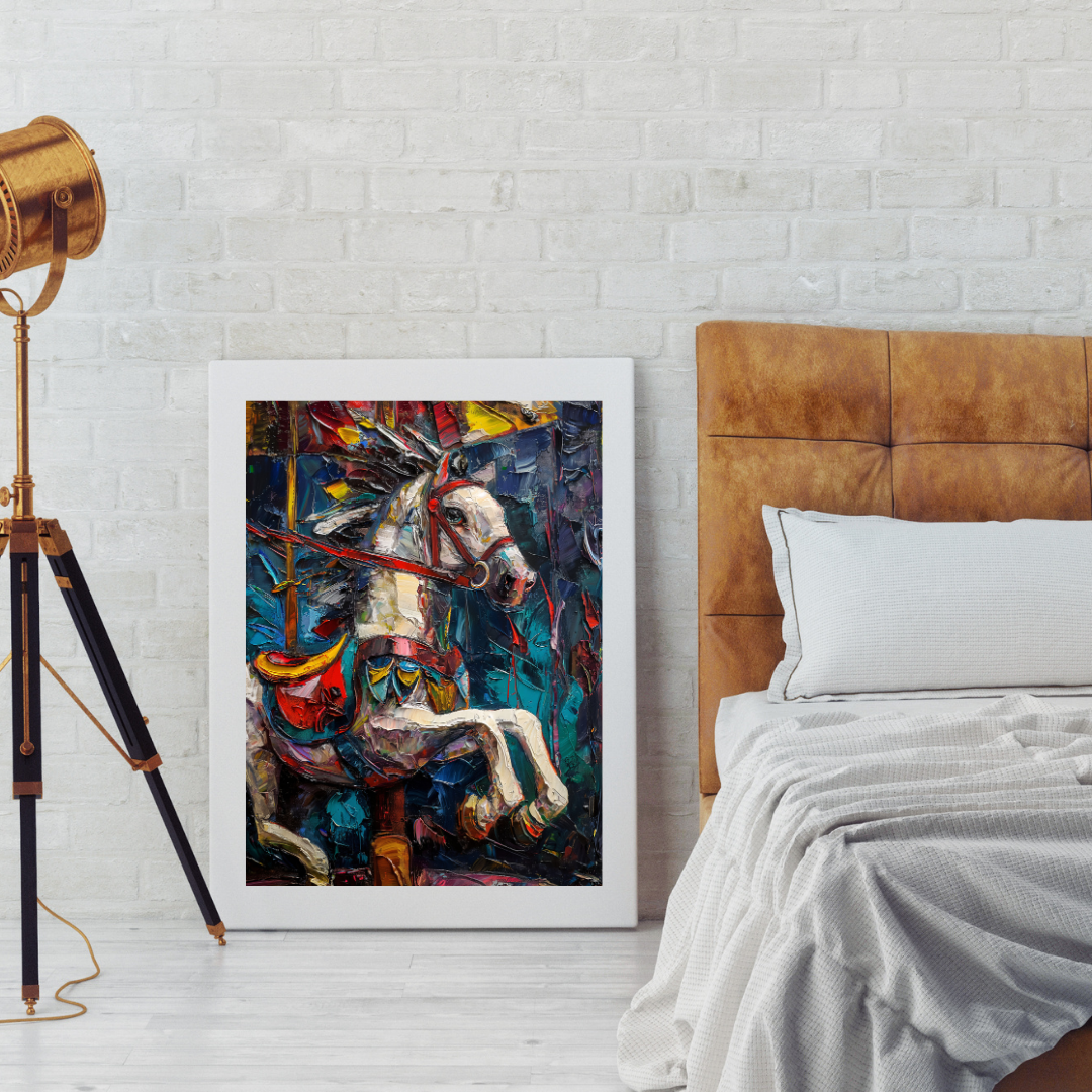 Abstract canvas print of horses playing at a carnival with colorful, whimsical details