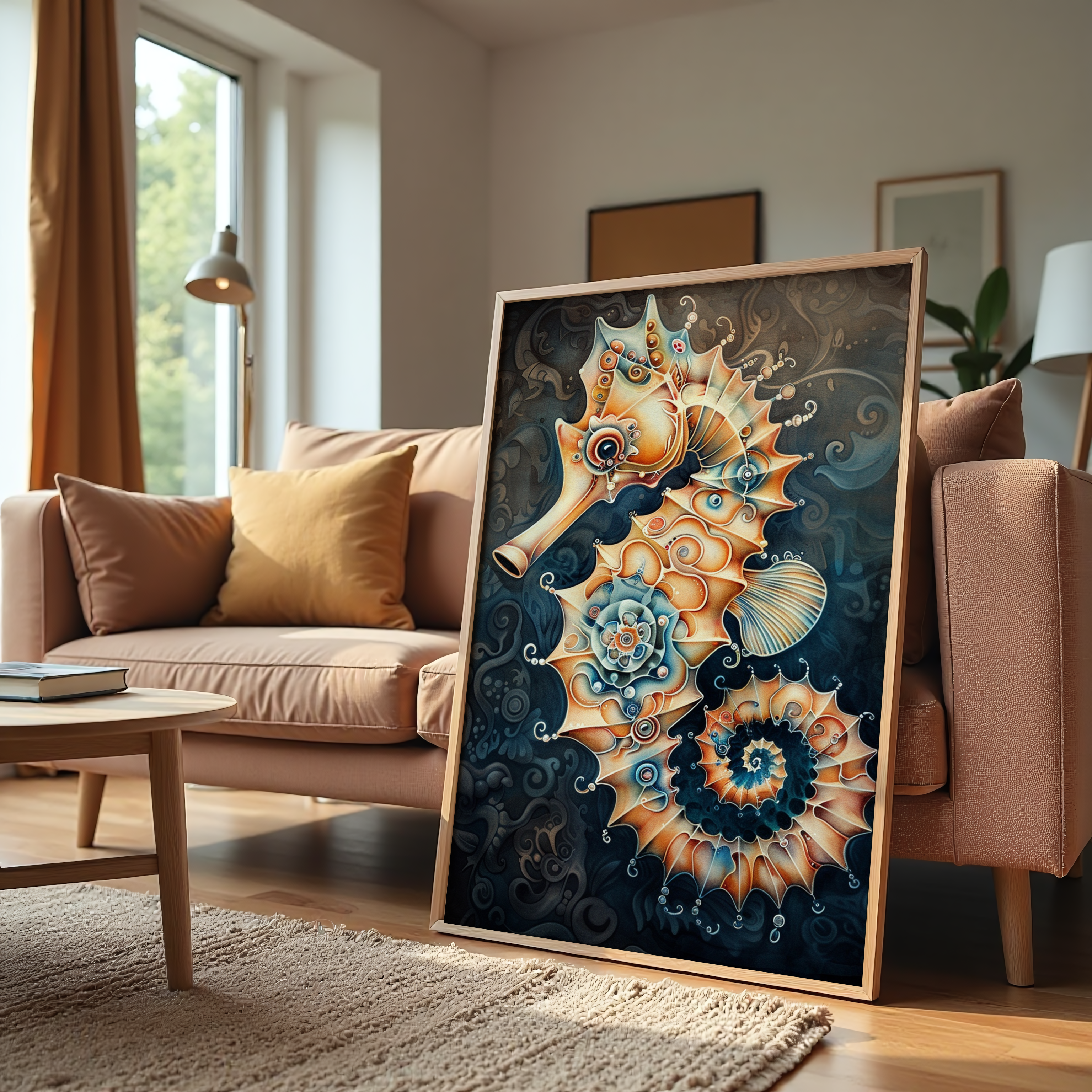 Abstract seahorse painting with ocean swirl patterns in blue and coral tones