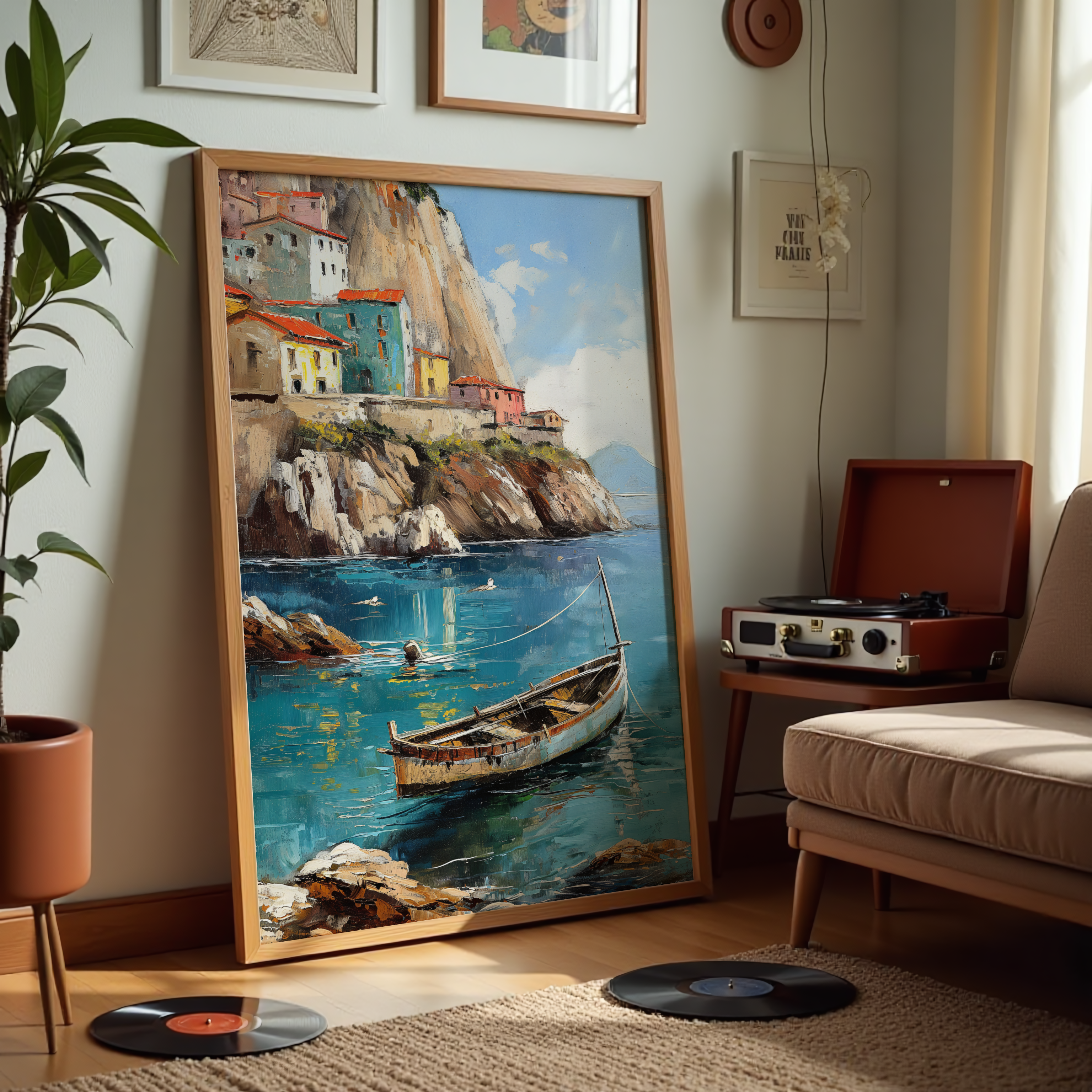 Abstract Seaside Painting – Village and Boat Scene for Office Décor