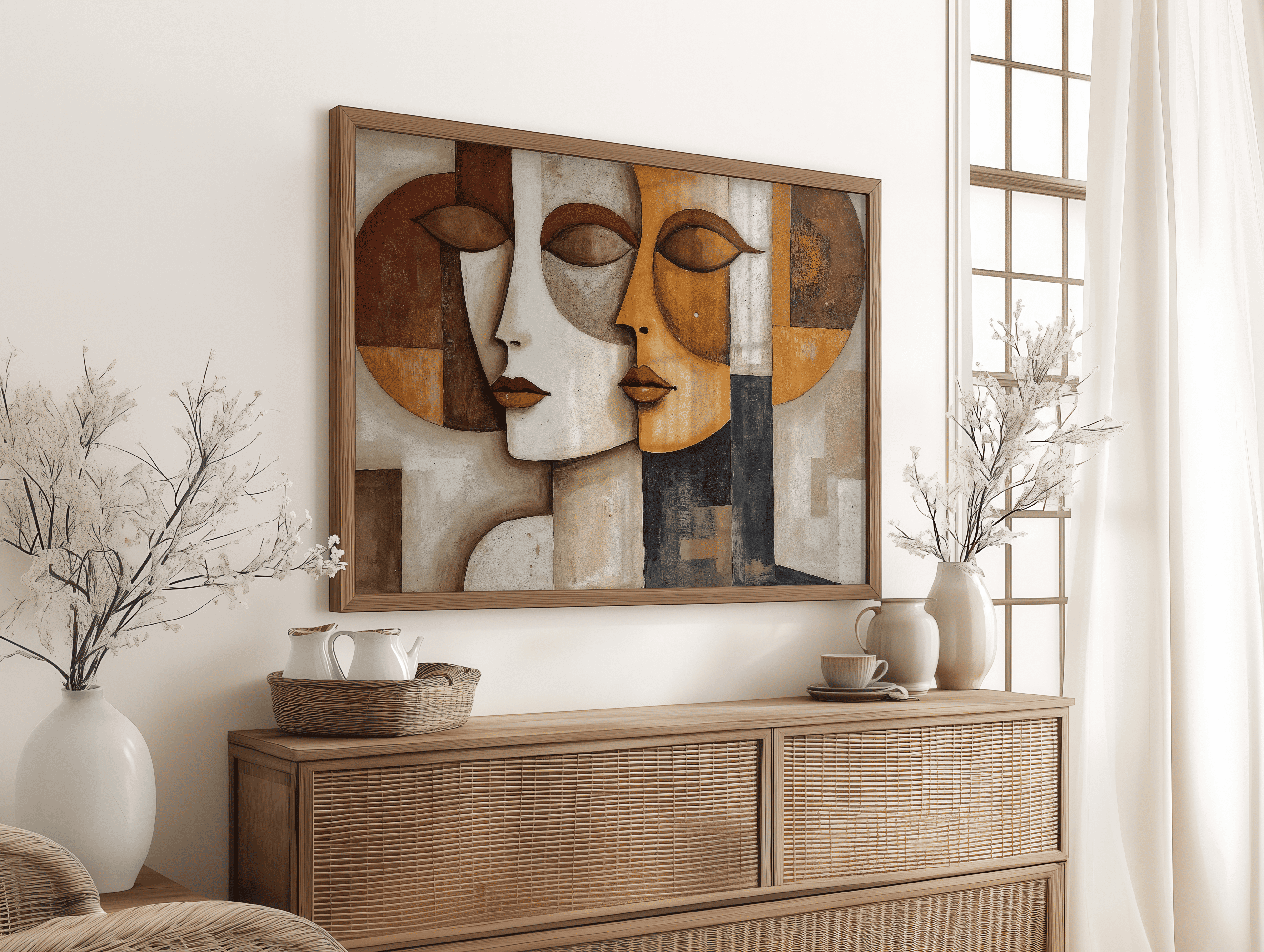 Abstract cubism painting of two artistic faces in earthy tones