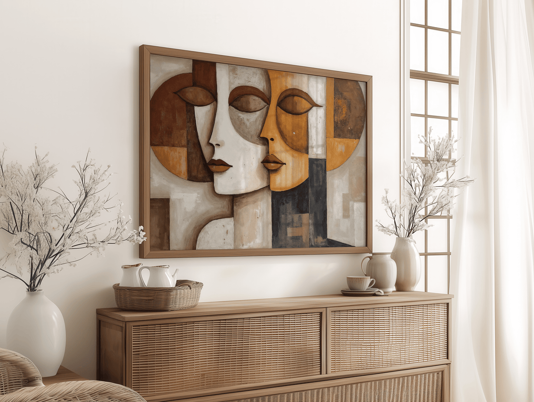 Abstract cubism painting of two artistic faces in earthy tones