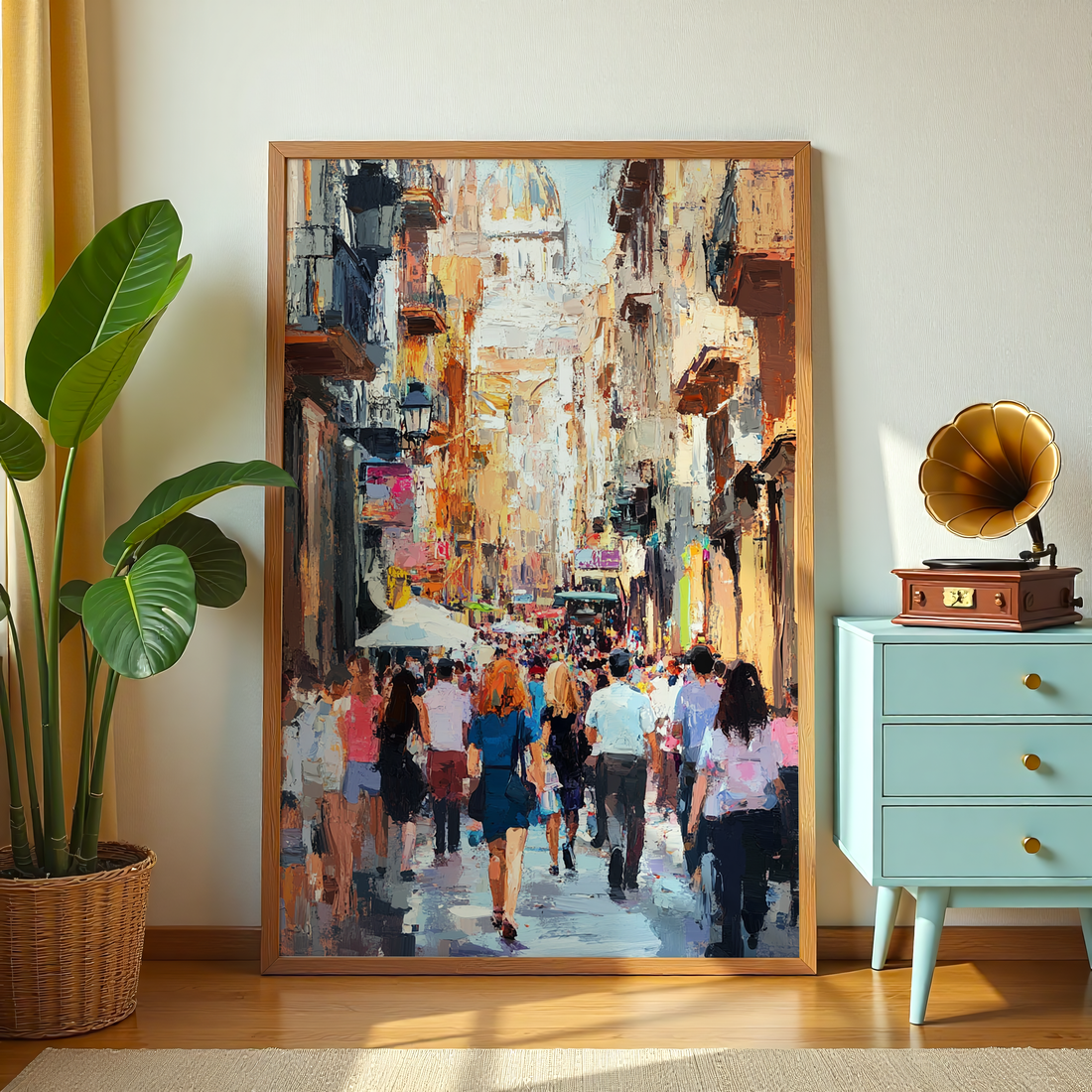 Abstract urban street scene with people walking