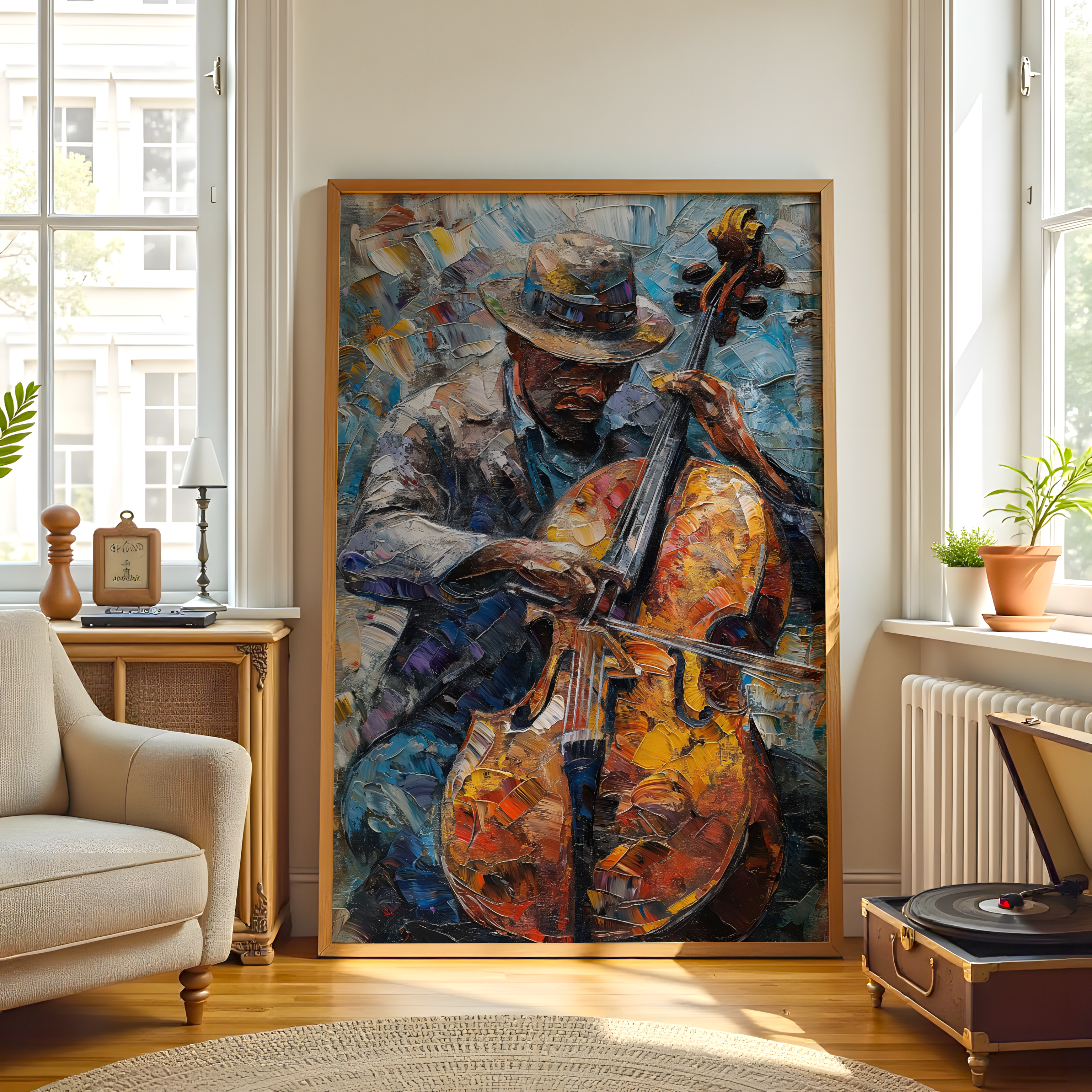 Abstract canvas wall art of a man sitting and playing the violin in soft, expressive tones